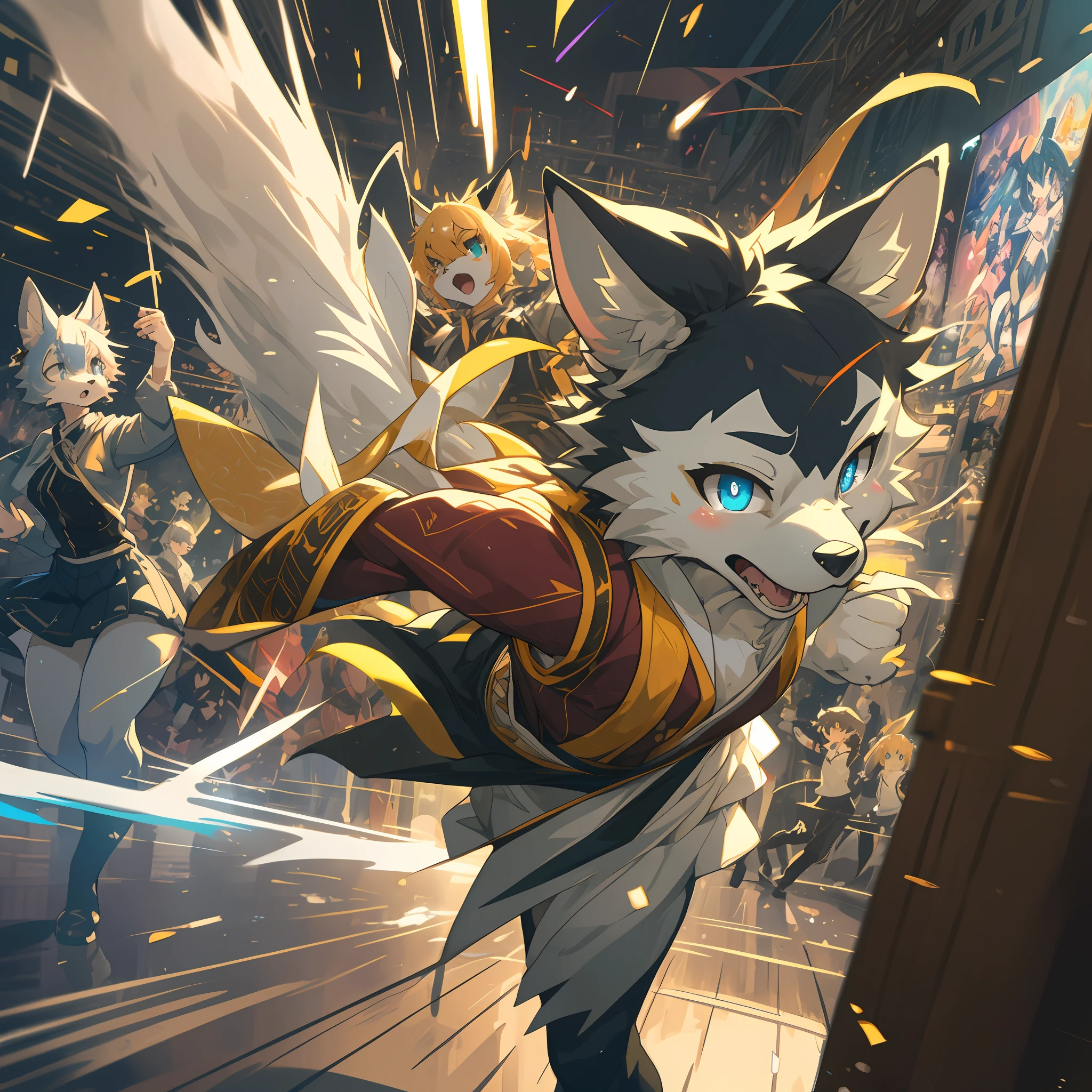 top quality, best quality, High-quality illustrations, masterpiece, super high resolution, detailed background, Broadway musical, dancer, 6+boys, 6+girls, absurdres(highly detailed beautiful face and eyes)perfect anatomy, expression, good lighting, cinematic shadow(kemono, furry anthro)assorted poses(sound effects, motion blur),