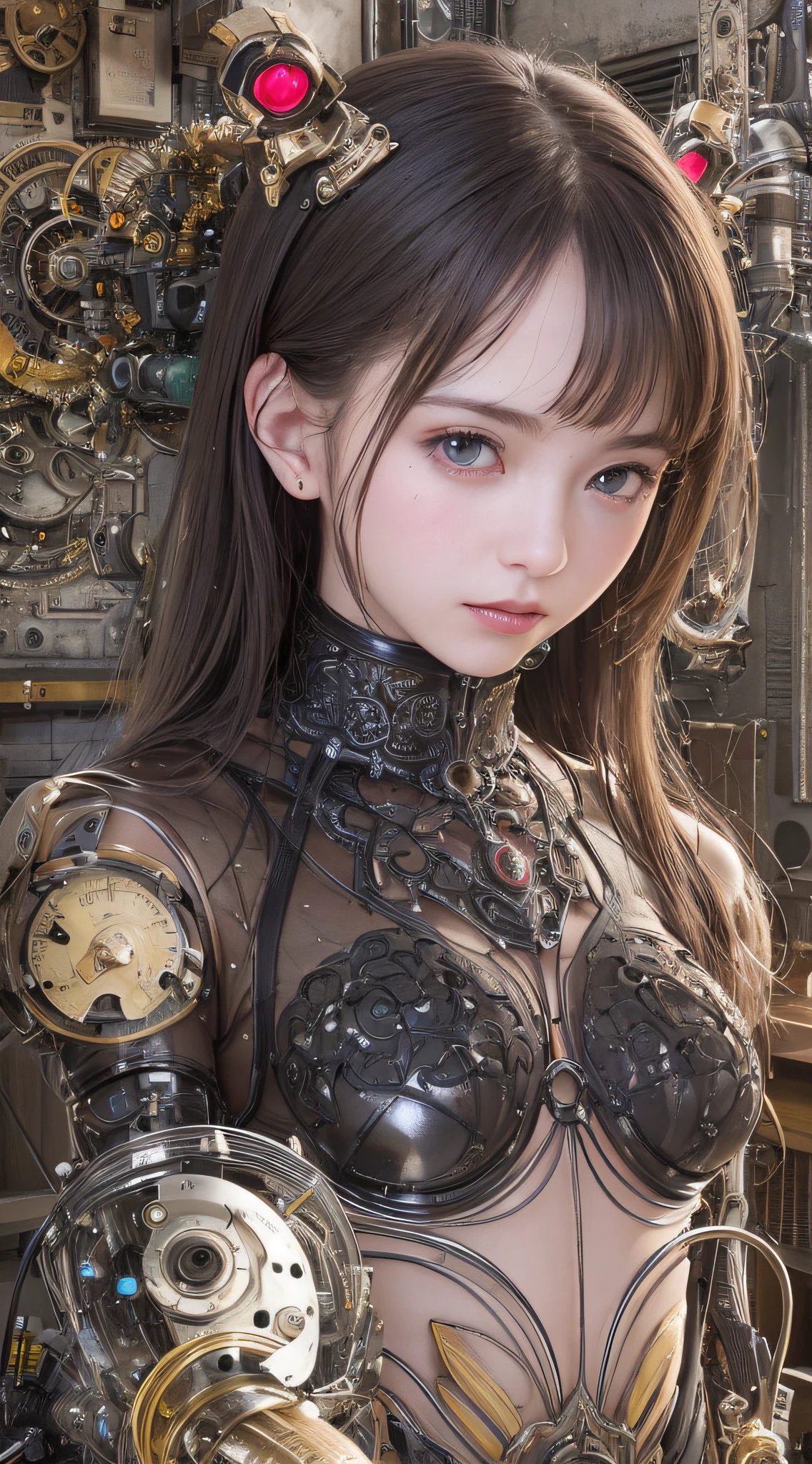 Top Quality, Masterpiece, Ultra High Resolution, (Photorealistic: 1.4), Raw Photo, 1 Girl, Black Hair, Glossy Skin, 1 Mechanical Girl, (Ultra Realistic Details)), Portrait, Global Illumination, Shadows, Octane Rendering, 8K, Ultra Sharp, Big, Cleavage Exposed Raw Skin, Metal, Detail of Intricate Ornaments, Steampunk details, Matsumoto meter, meter, vacuum tube, nixie suga, oil pressure gauge, glass tube, analog meter, gears, golden hydraulic cylinder, very intricate detail, realistic light, CGSoation trend, purple eyes, glowing eyes, facing the camera, neon details, mechanical limbs, blood vessels connected to tubes, mechanical vertebrae attached to the back, mechanical cervical attachment to the neck, sitting, wires and cables connecting to the head, Evangelion, small LED lamps,