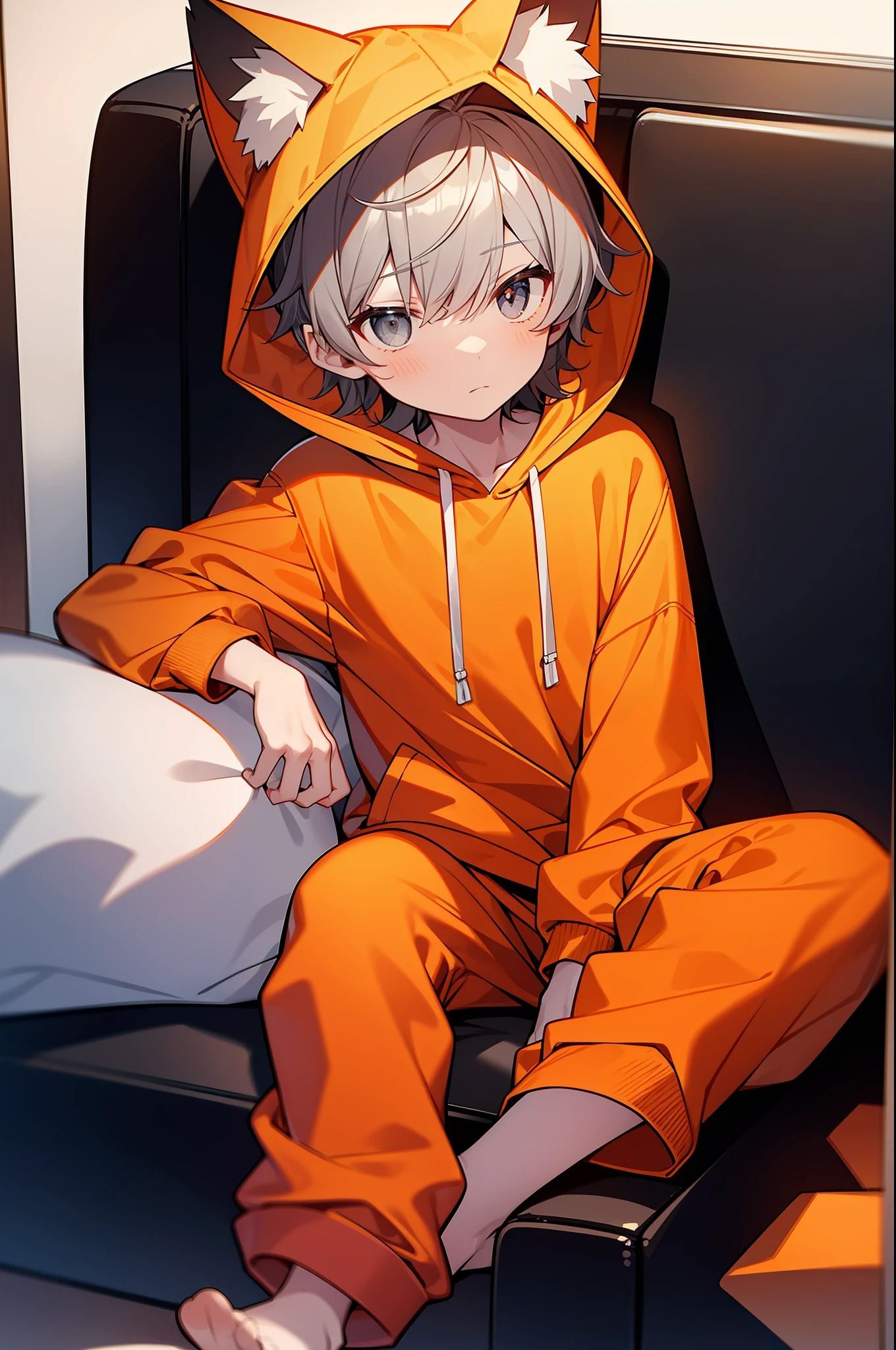 an 6 year old boy ???, Boy, grey messy medium hair, grey eyes, pale skintone, wearing an orange fox onesie, orange hoodie over his head, Fox ears on hoodie, fox onesie and orange pants connected together, sitting on sofa/couch, small size, 107cm tall, house environment, night outside, depressed, moody, depression, sad,