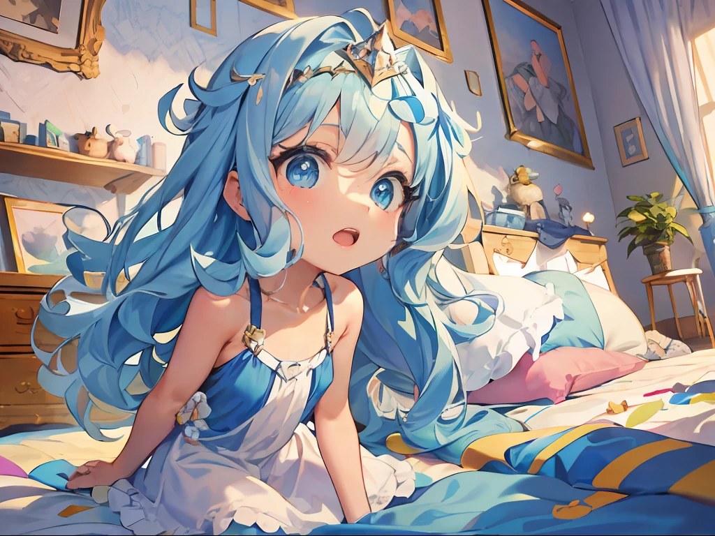 Best quality, tmasterpiece, A 5 girl,Long blue hair and blue eyes,Just woke up,Gape,Stretch out,sit on a bed,In the Blue Princess Room,The sun shines through the floor-to-ceiling windows