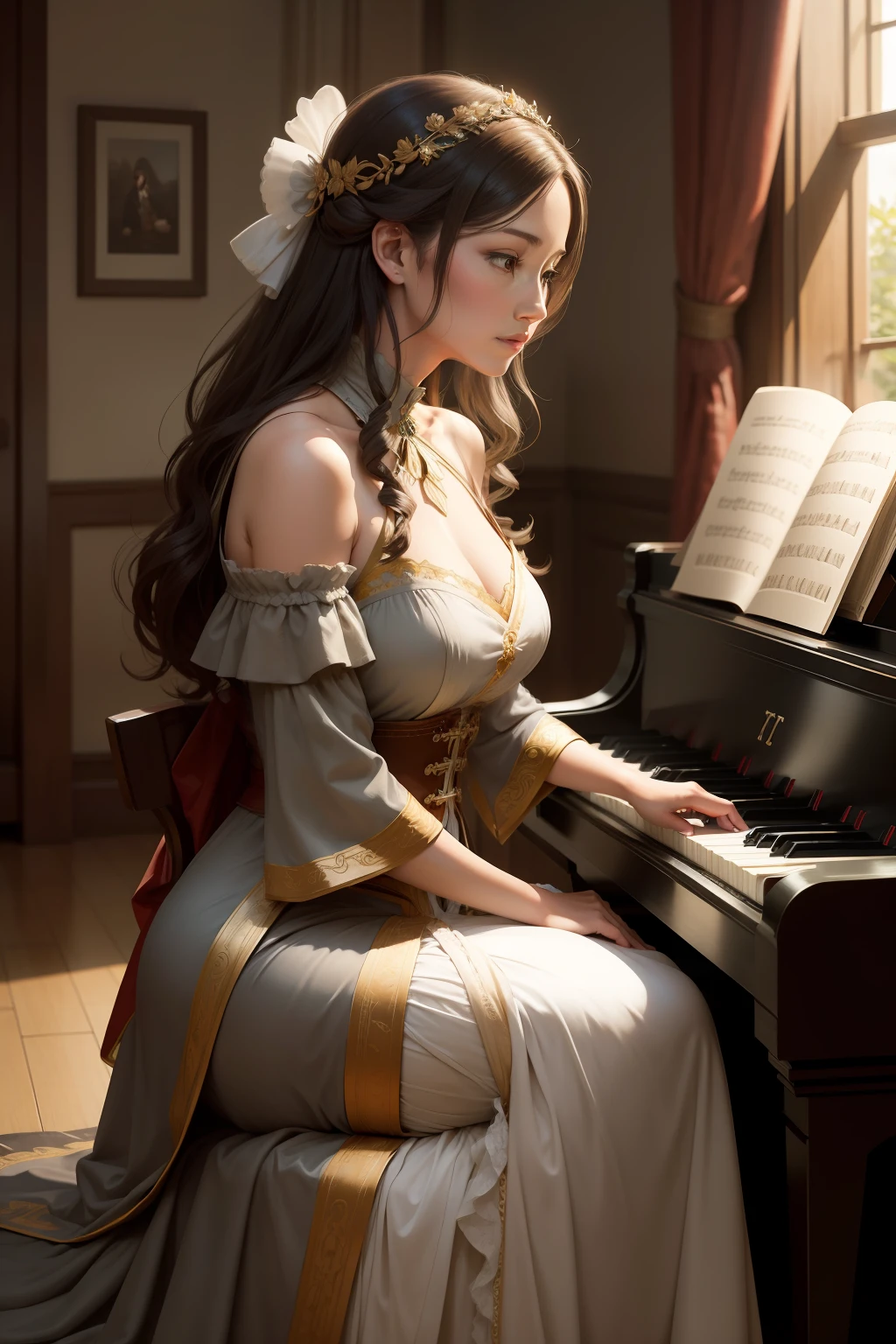 One mother，Play the piano，in the style of historical themes, tokina at-x 11-16mm f/ 2.8 pro dx ii, concept-art, Oriental, Gray and bronze, Detailed costumes, Main viewing angle --Q 2 --S 750 --V 5