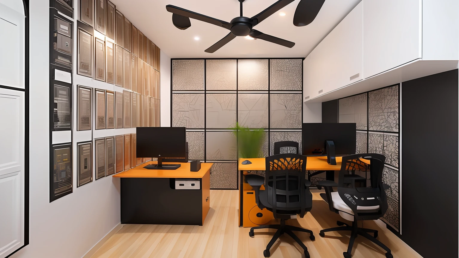 office interior, small office space, indian style, motivational quotes on wall, walls designed as architecture studio, computer,  gaming setup, multi monitor setup, small sofa, modern desk, beautiful fan, office chairs, realistic, ultra detailed, 8k quality