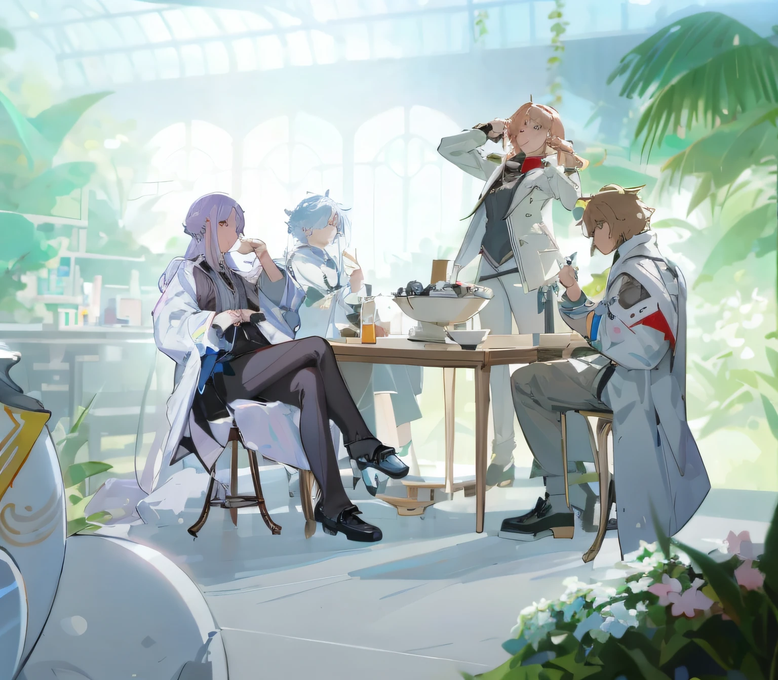 Anime characters sit around tables，and a woman in a white dress, afternoon hangout, Official illustration, zerochan art, high detailed official artwork, official fanart, Relaxing concept art, anime key visual concept, anime key visual concept art of, trending on artstation pixiv, From Arknights, official character illustration, exciting illustration, card game illustration, highly detailed exquisite fanart
