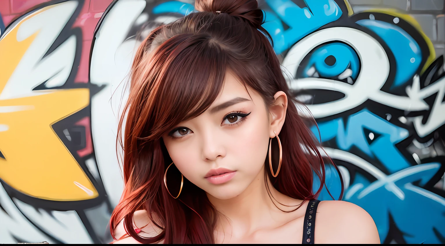 (top-quality、amazing detailed:1.4)、masterpiece、Original Characters、Natural volume lighting and best shadows、Deep Depth Of Field、foco nítido、Portrait of amazingly beautiful ite girl、full body Esbian、alluring yellow eyes、Sharp eyeliner、seducting smile、Windswept disheveled brown hair、Medium twin-tailed hairstyles with thick layers、Blush eyeshadow with thick eyelashes、cparted lips、Open Furry Court、Denim Short Dress、(Messy painted body:1.05)、(graffiti murals wall background:1.15)、Old industrial area、(Ruined Street Crossword:1.2)、、painting-like、shorth hair、((red blush))、in her 20s、a smile