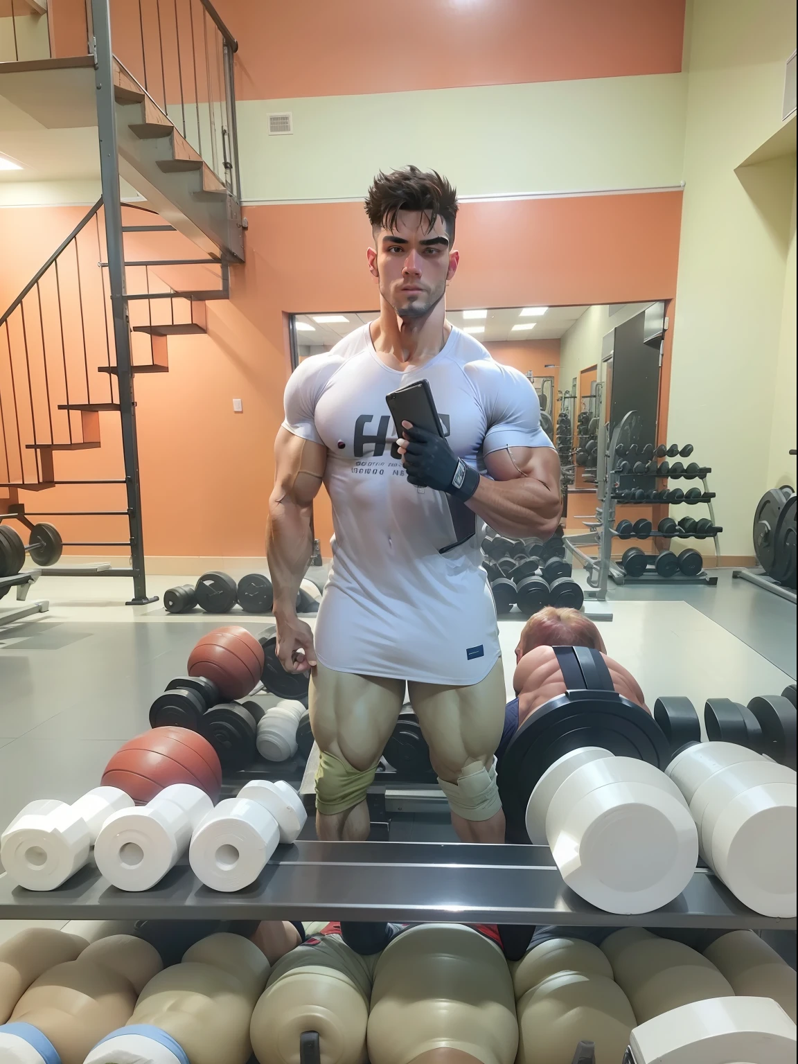 Gym image with big muscles handsome boy.