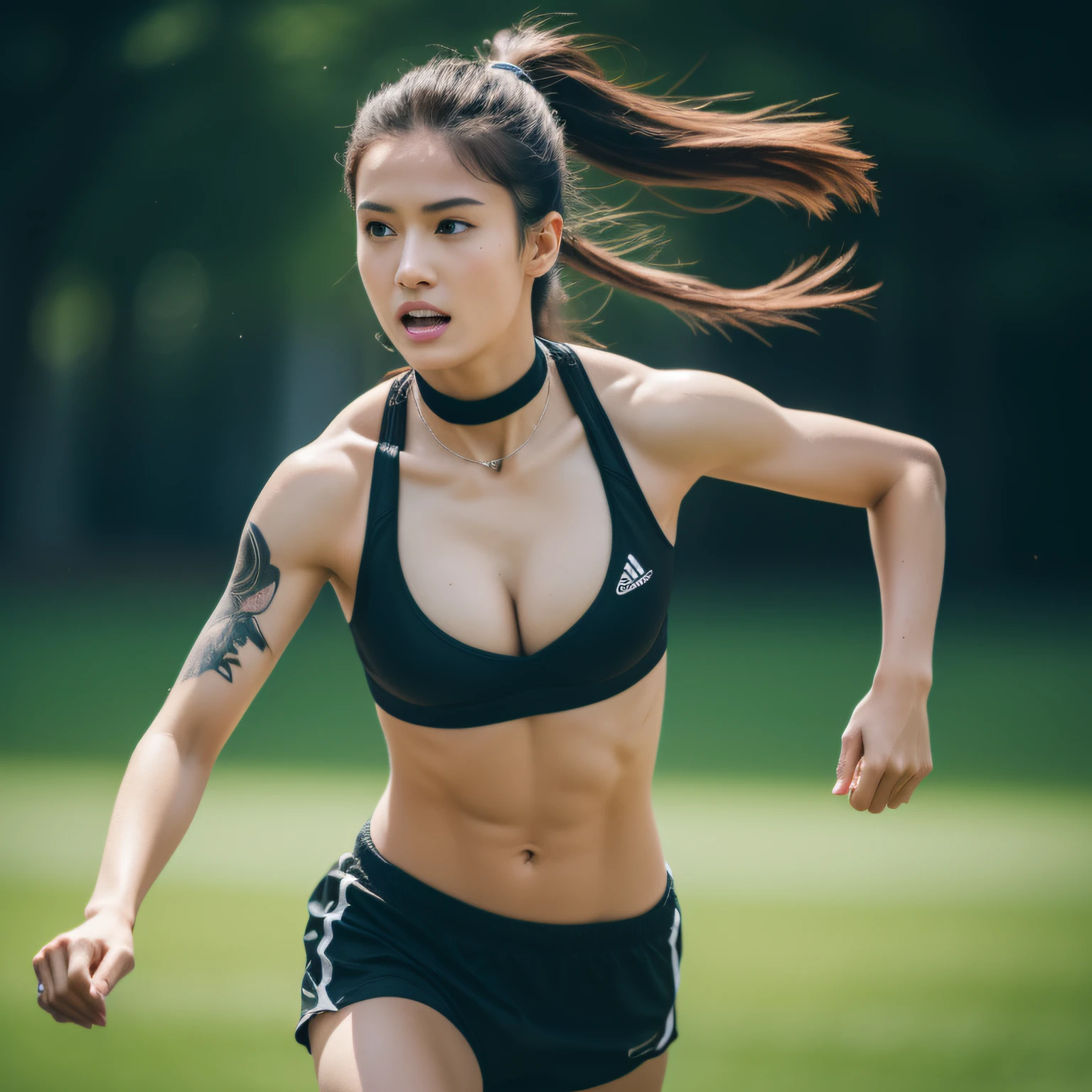 best quality, masterpiece, highres, 1girl, Beautiful face, photorealistic, 8k, UHD, long hair, ponytail, arm tattoos, tattooed, toned abs, sweat, Asian, female, muscular biceps, choker, dark skin, sports bra, cleavage, running, kicking a soccer ball, playing soccer, soccer pitch, (high detailed skin:1.2), 8k uhd, dslr, high quality, candid, Photograph, high resolution, 4k, 8k,