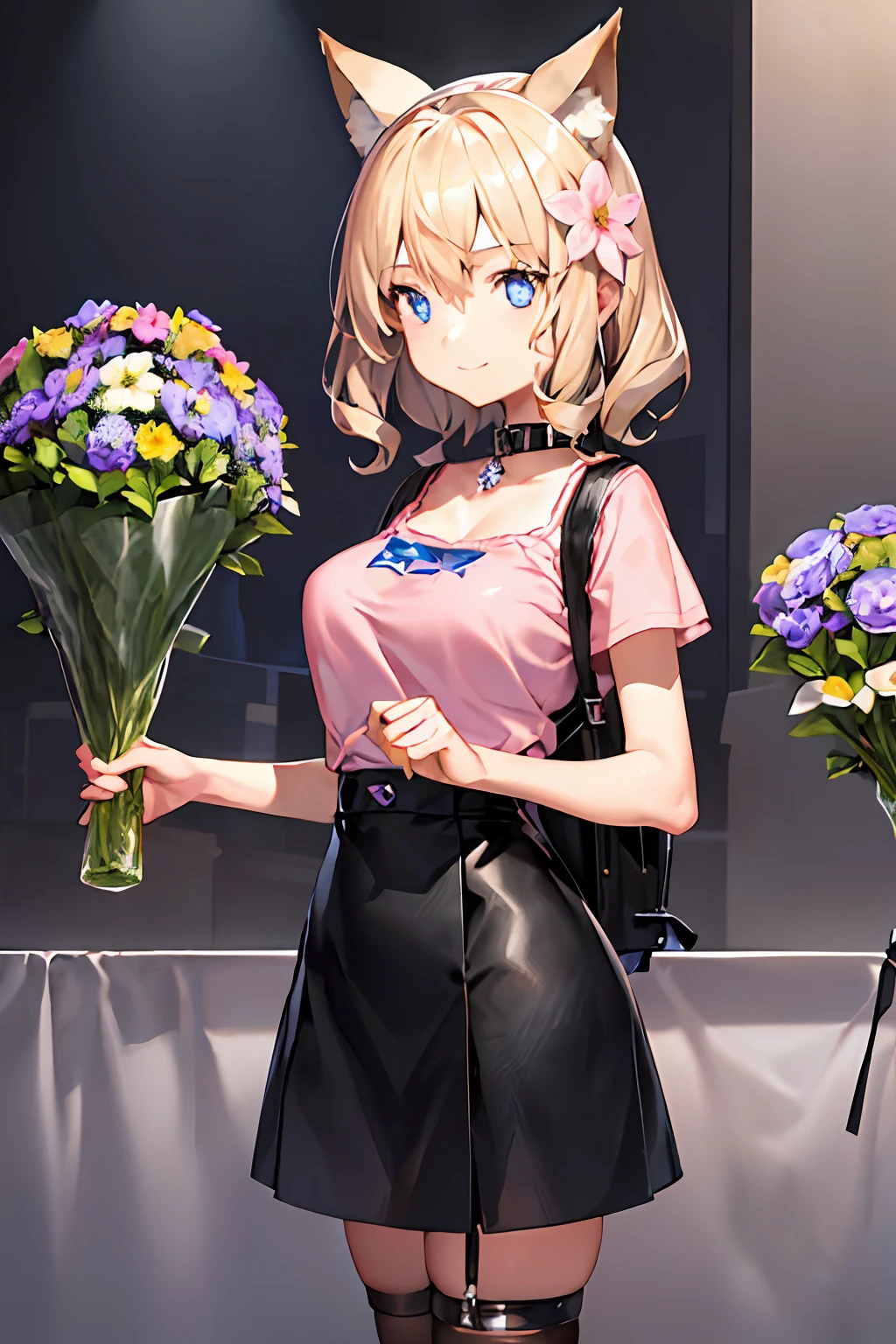 (Best quality), ((Masterpiece)), (A high resolution), Extremely detailed girl, Solo, Sharp focus,((((((Flower shop)))))), ((Cinematic lighting)), (((Character(((1 girl)))))), Solo, (((Beautiful plain pink T-shirt))), Pants, standing, Light smile, Closed mouth, (((((Sharp focus))))), (((((Masterpiece illustration))))), ((((Medium shot)))), Shiny hair, Short hair, Blonde hair, Curly hair, hair between eye, Beautiful detailed eyes, Blue eyes, Jewel-like eyes, Diamond-shaped pupils, Large breasts, Animal ears, Beautiful and delicate gemstone leather collar, Backpack, black sock,
