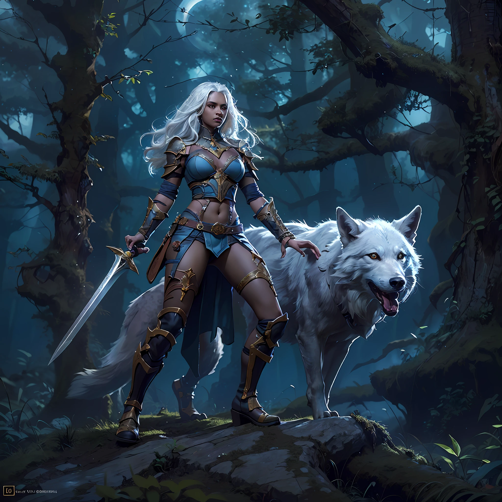 high details, best quality, 8k, [ultra detailed], masterpiece, best quality, (extremely detailed), dynamic angle, ultra wide shot, RAW, photorealistic, fantasy art, dnd art, rpg art, realistic art, a wide angle picture of an epic female drow ranger and her pet wolf,  warrior of nature, fighter of nature, full body, [[anatomically correct]] full body (1.5 intricate details, Masterpiece, best quality) talking to am epic wolf (1.6 intricate details, Masterpiece, best quality) armed with an epic magical sword  (1.5 intricate details, Masterpiece, best quality) epic magical sword, glowing in blue light. in dark forest (1.5 intricate details, Masterpiece, best quality), a female beautiful epic drow wearing leather armor (1.4 intricate details, Masterpiece, best quality), leather boots, thick hair, long hair, white hair, black skin intense eyes, forest  background (intense details), moon light, stars light, clouds (1.4 intricate details, Masterpiece, best quality), dynamic angle, (1.4 intricate details, Masterpiece, best quality) 3D rendering, high details, best quality, highres, ultra wide angle