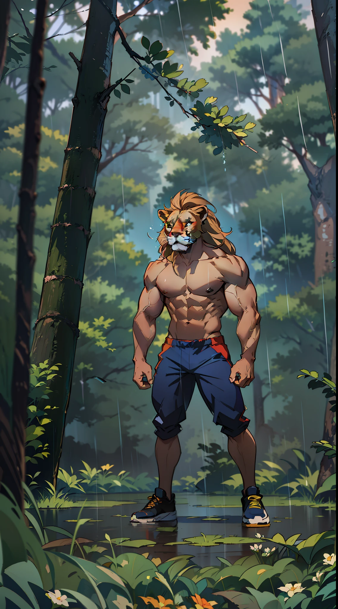 ((A Lion , super strong, Bodybuilder, muscular,)) wearing a stylish gym outfit, raining, a Forest in The background, 35mm lens, photography, ultra details, precise texture details HDR, UHD,64K