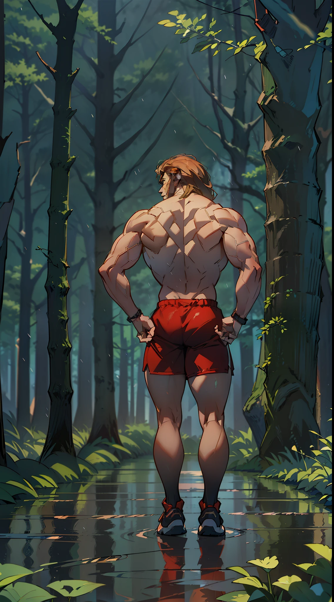 ((A Lion , super strong, Bodybuilder, muscular,)) wearing a stylish gym outfit, raining, a Forest in The background, 35mm lens, photography, ultra details, precise texture details HDR, UHD,64K