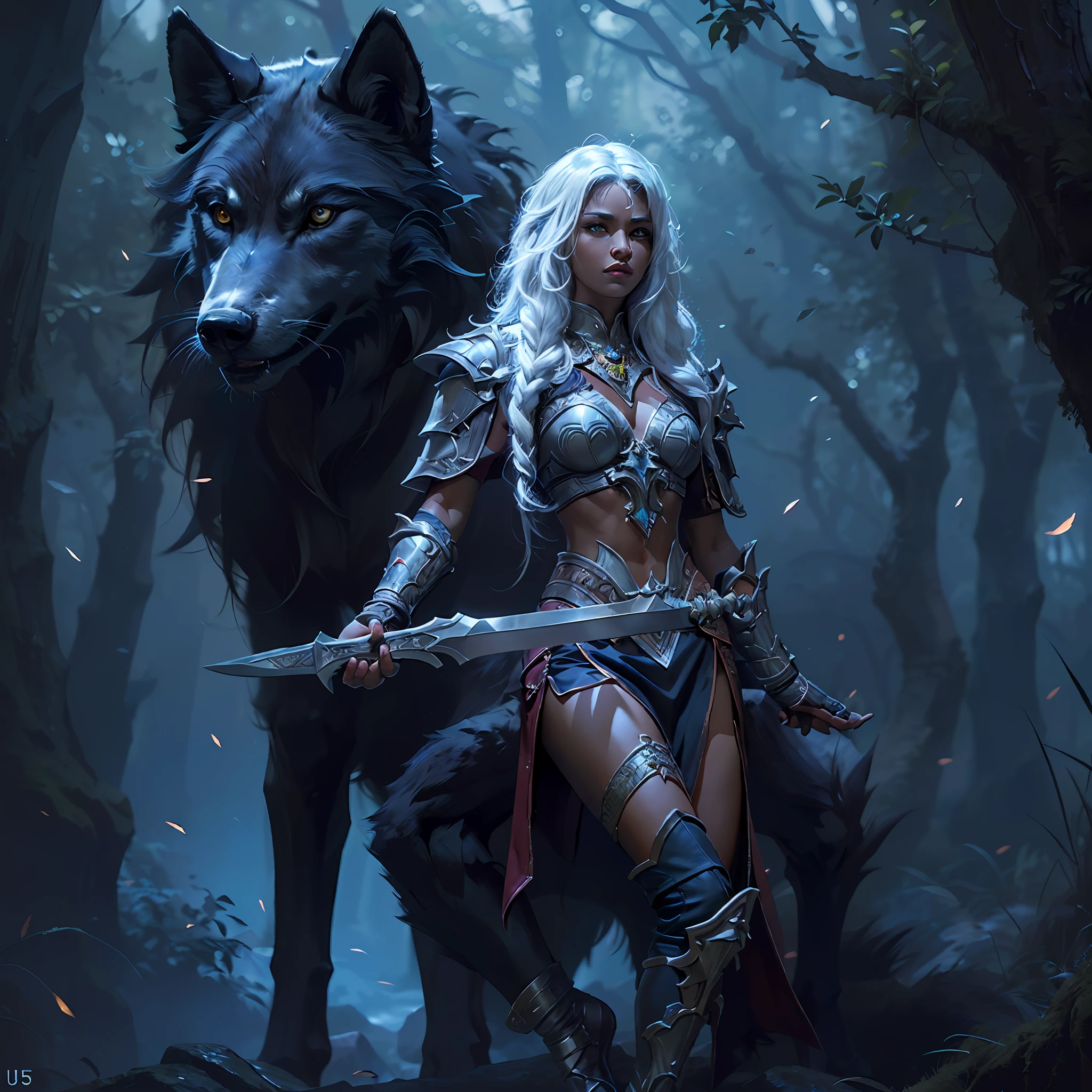 high details, best quality, 8k, [ultra detailed], masterpiece, best quality, (extremely detailed), dynamic angle, ultra wide shot, RAW, photorealistic, fantasy art, dnd art, rpg art, realistic art, a wide angle picture of an epic female drow ranger and her pet wolf,  warrior of nature, fighter of nature, full body, [[anatomically correct]] full body (1.5 intricate details, Masterpiece, best quality) talking to am epic wolf (1.6 intricate details, Masterpiece, best quality) armed with an epic magical sword  (1.5 intricate details, Masterpiece, best quality) epic magical sword, glowing in blue light. in dark forest (1.5 intricate details, Masterpiece, best quality), a female beautiful epic drow wearing leather armor (1.4 intricate details, Masterpiece, best quality), leather boots, thick hair, long hair, white hair, black skin intense eyes, forest  background (intense details), moon light, stars light, clouds (1.4 intricate details, Masterpiece, best quality), dynamic angle, (1.4 intricate details, Masterpiece, best quality) 3D rendering, high details, best quality, highres, ultra wide angle