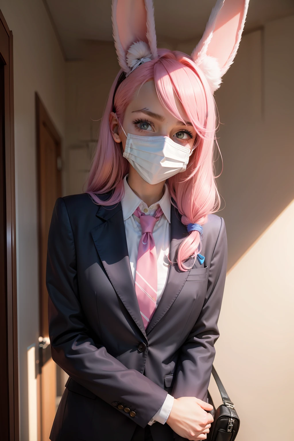 An american teenager wearing a suit, mask, pink hair, cute eyes, bunny ears