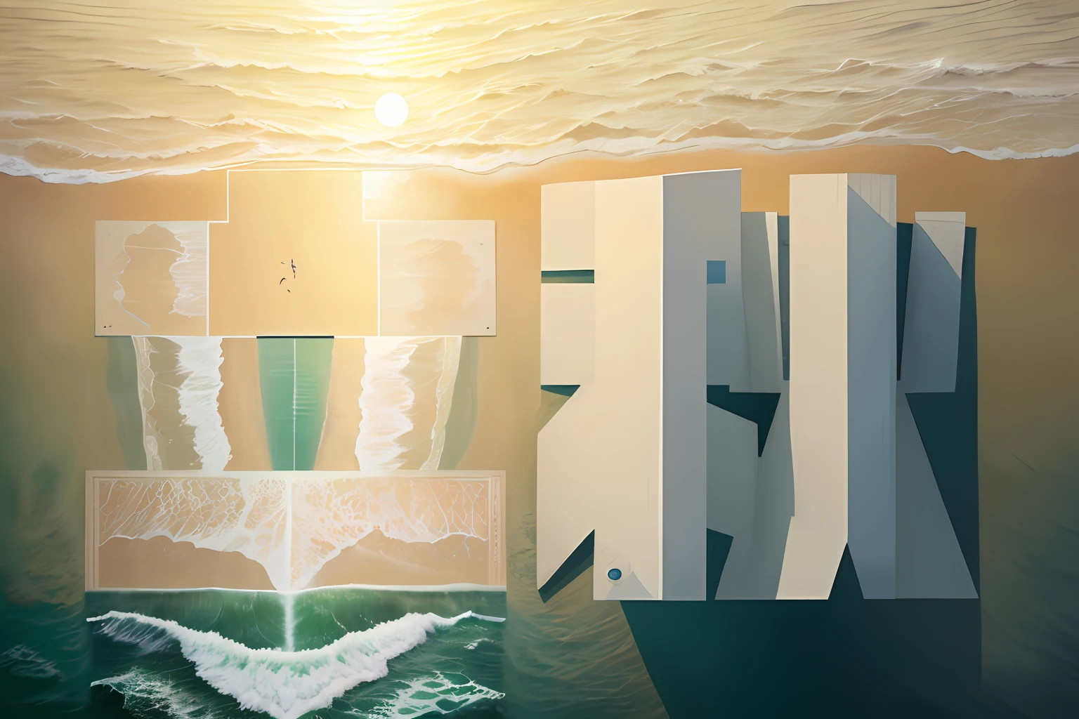 Ultra HD, super detail, excellent detail, best picture quality, (((top-down view, from top down))), sea, waves, riding the waves, The moon rises,great waves rolling, super spectacular natural scenes, surrealism, artistic beauty, shimmering, sunlight,