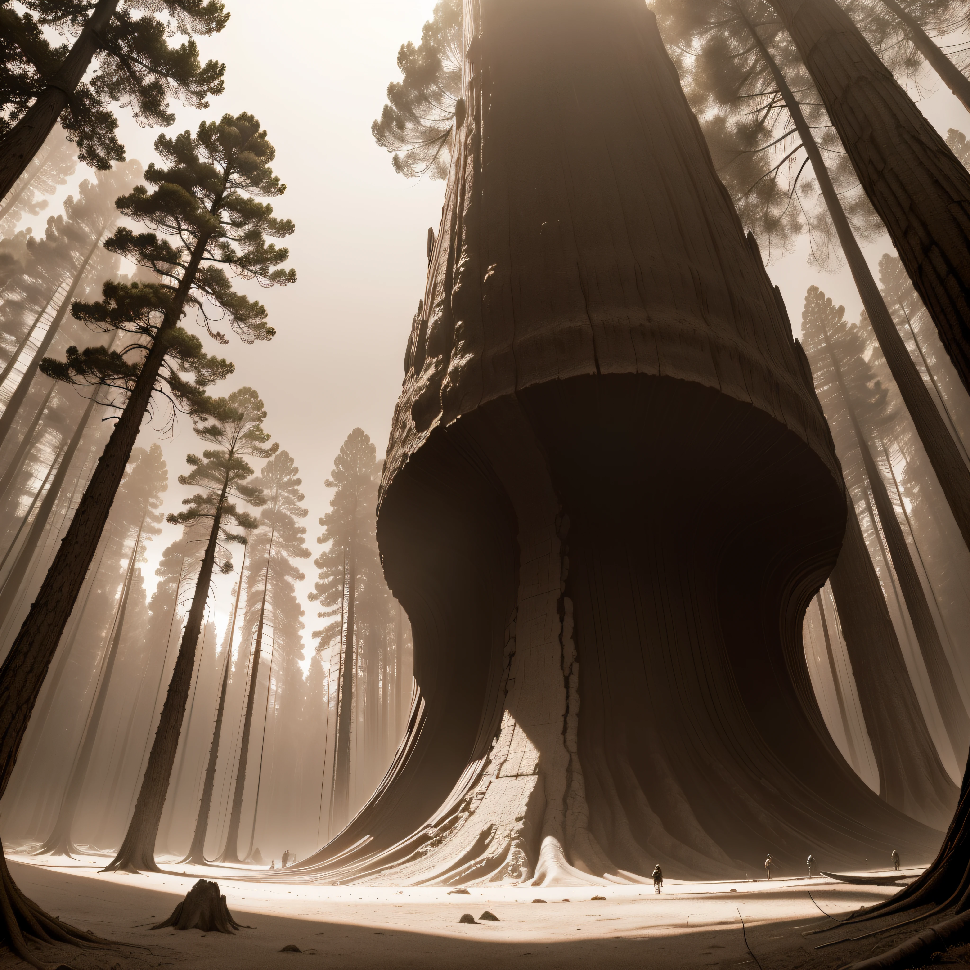 (extremadamente detallado, obra maestra, La mejor calidad, Tono sepia), un gigante con un hacha camina por un bosque. meteorito en el suelo, agujero profundo, Giant crater. burned trees. Oggre hidden among the trees. Daytime Lighting.