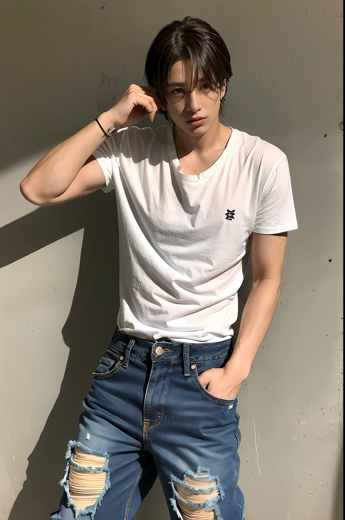 Um garoto coreano , wearing ripped jeans, Torn pants, (Jeans rasgada) (Torn pants), posing for photo shoot , corpo inteiro, fundo liso, jungkook, jungkook taeyang Jimim 1 boy, 1 homem, homem masculino coreano, homem masculino sozinho coreano sozinho, solo, sozinho