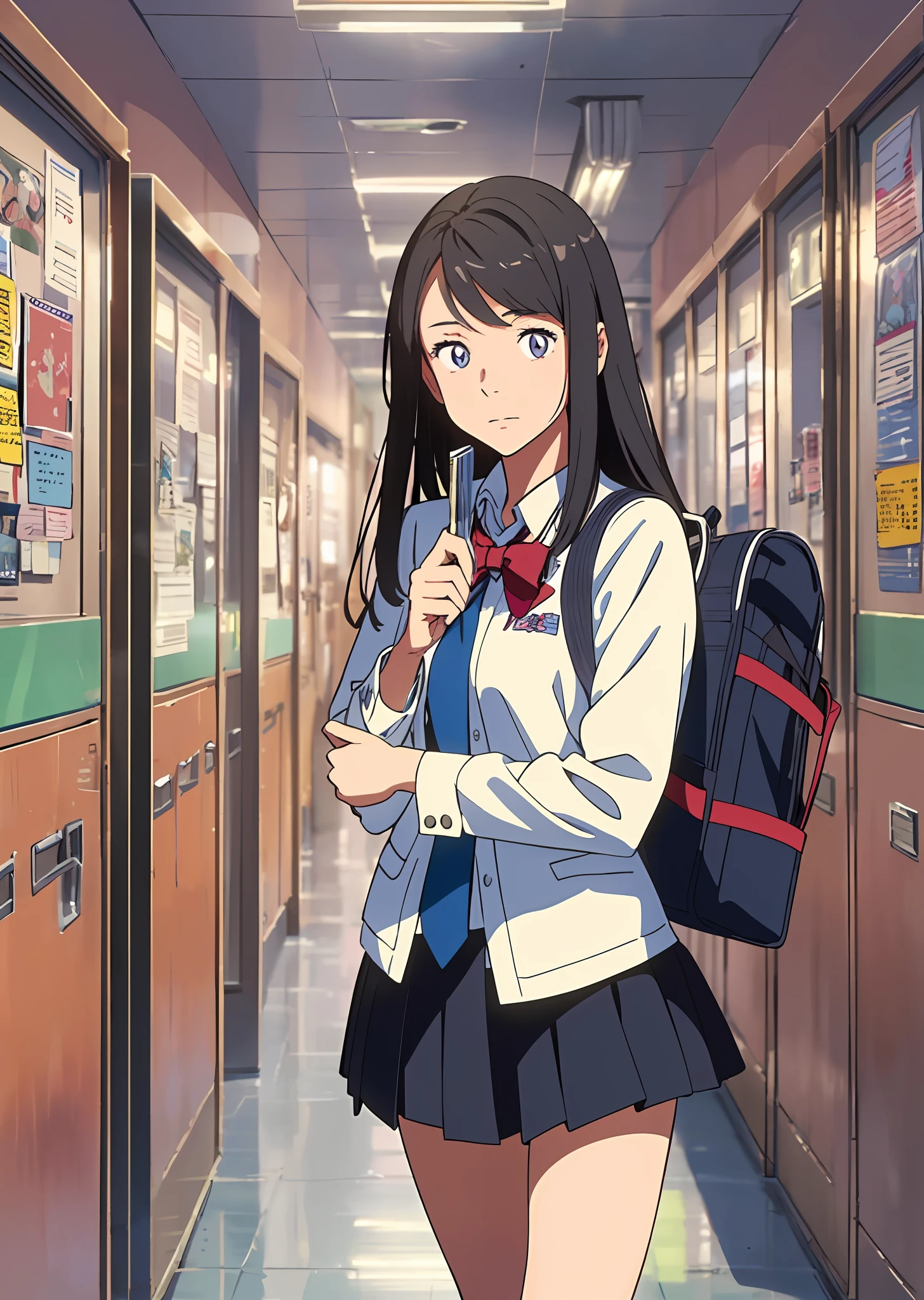 Create a high school girl character in a unique blend of super-realism and anime style, portraying the protagonist who is serious, ambitious, slightly shy, and caring for her friends, with brown long hair, bright blue eyes, wearing a standard school uniform and holding her school bag; her pose is engaged in conversation with a friend while holding textbooks, set against the background of a school corridor with lockers, posters, and other students, utilizing a balanced color scheme of soft pastels and warm tones to represent her vibrant youth, all while avoiding non-human structures or physically impossible movements, and ensuring quality and precision down to the smallest details. --auto --s2