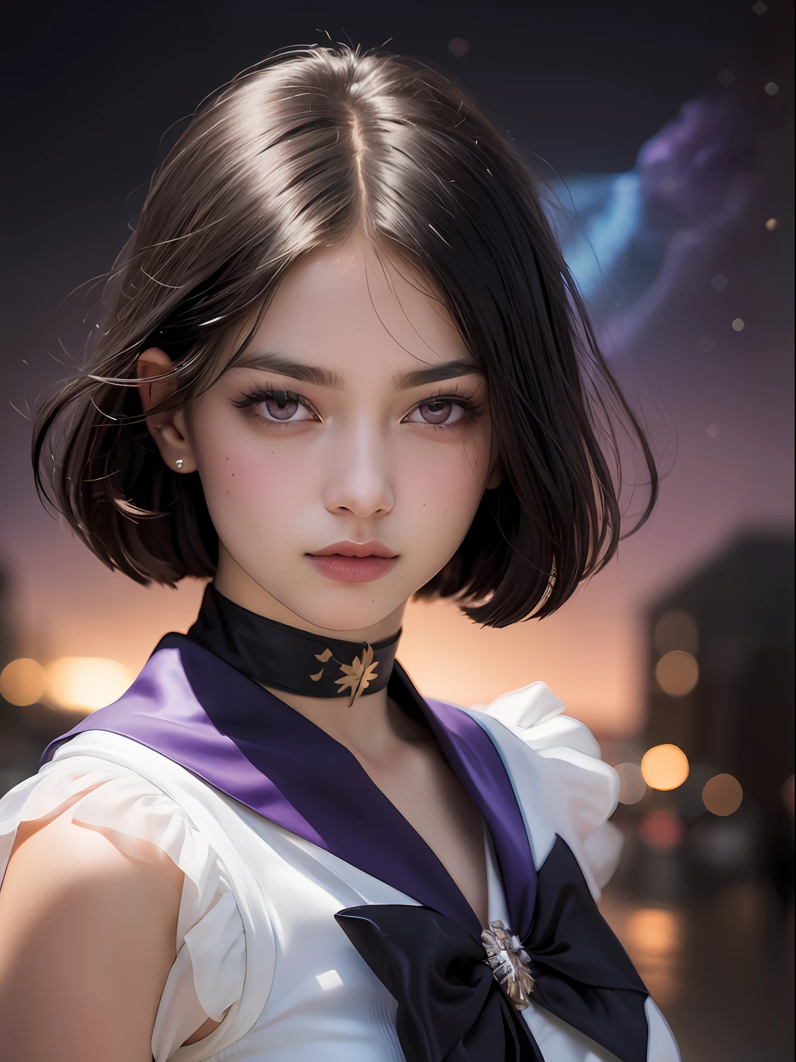 (masterpiece, best quality:1.4), (nebula background), (fighting pose:1.5), 1girl, solo, (european youth:1), sailor saturn, tiara, sailor senshi uniform, purple sailor collar, pleated skirt, elbow gloves, jewelry, brooch, choker, short black hair, (purple eyes:1.5), beautiful face, highly detailed face, highly detailed eyes, highly detailed skin, skin pores, subsurface scattering, realistic pupils, full face blush, full lips, detailed background, depth of field, volumetric lighting, sharp focus, absurdres, realistic proportions, good anatomy, (realistic, hyperrealistic:1.4), 16k hdr,