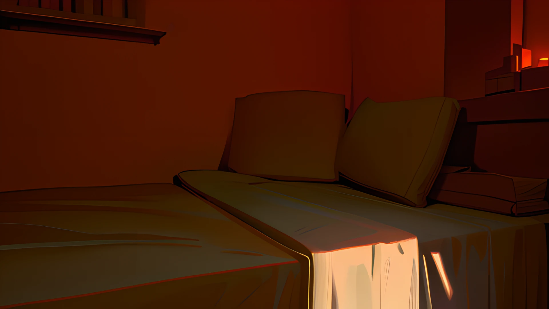 room at night, cama, melancholic environment, hard lighting, oscuro