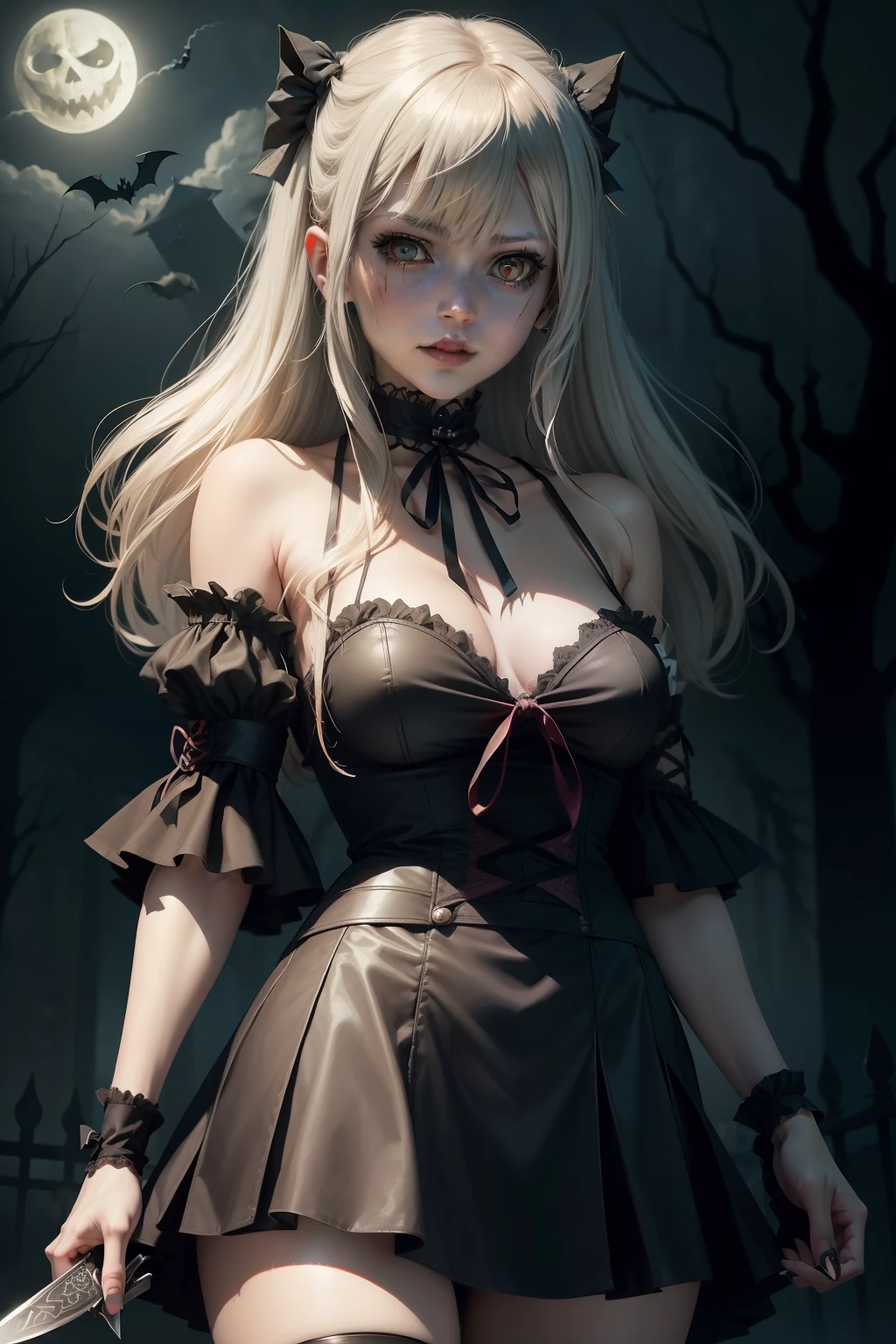 There is a drawing of a woman with a knife in her hand, in a halloween style, Halloween, Happy!!!, halloween art style, creepy!!, ( ( misa amane # ) ), marin kitagawa fanart, Lori, creepy!!!, ( ( ( horror art ) ) ), by Shingei, by Ei-Q, ( woman samurai ) girl