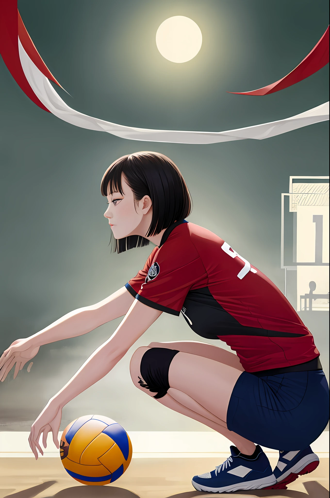 1girl in, Vector art, flat-colors, pop-art, Pattern, city scenery, Hoodie, Shorts, sneakers, bob cuts, Full body, Pose, Squatting, lofi color, (Hiperov), (masutepiece,Best Quality:1.5),woman posing for a photo(volley_uniform:1.Wearing 3)、 good hand、4K、hight resolution、​masterpiece、top-quality、headw:1.3、((Hasselblad photo))、Fine detailed skin、Sharp focus、(电影灯光)、鎖骨、natta、Soft lighting、dynamic ungle、[:(详细的脸:1.2):0.2]、(((Inside the volleyball field)))、outside、