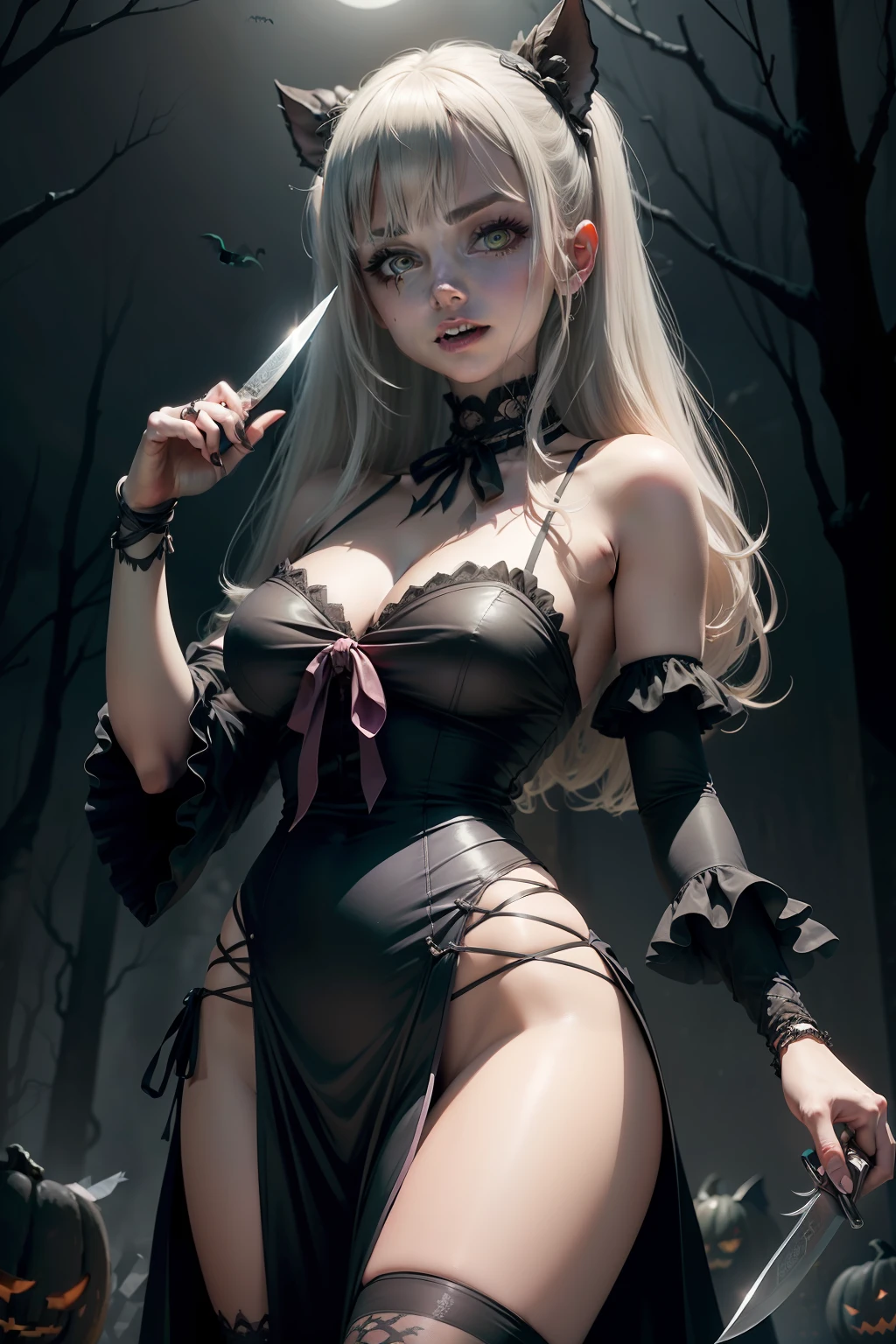 There is a drawing of a woman with a knife in her hand, in a halloween style, Halloween, Happy!!!, halloween art style, creepy!!, ( ( misa amane # ) ), marin kitagawa fanart, Lori, creepy!!!, ( ( ( horror art ) ) ), by Shingei, by Ei-Q, ( woman samurai ) girl