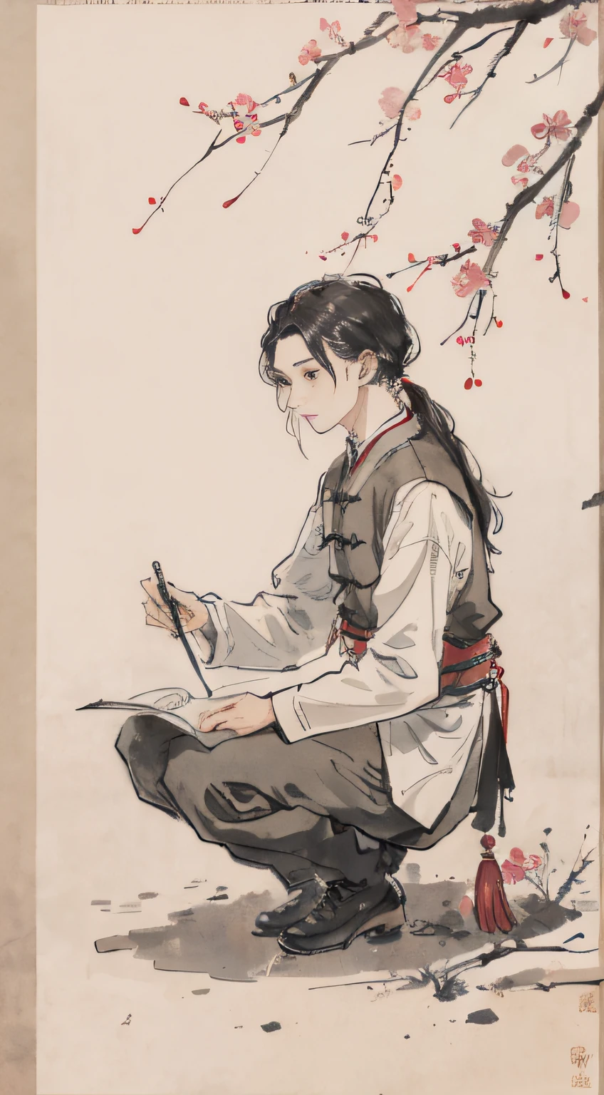 (masterpiece, best quality: 1.2), traditional Chinese ink painting, two children