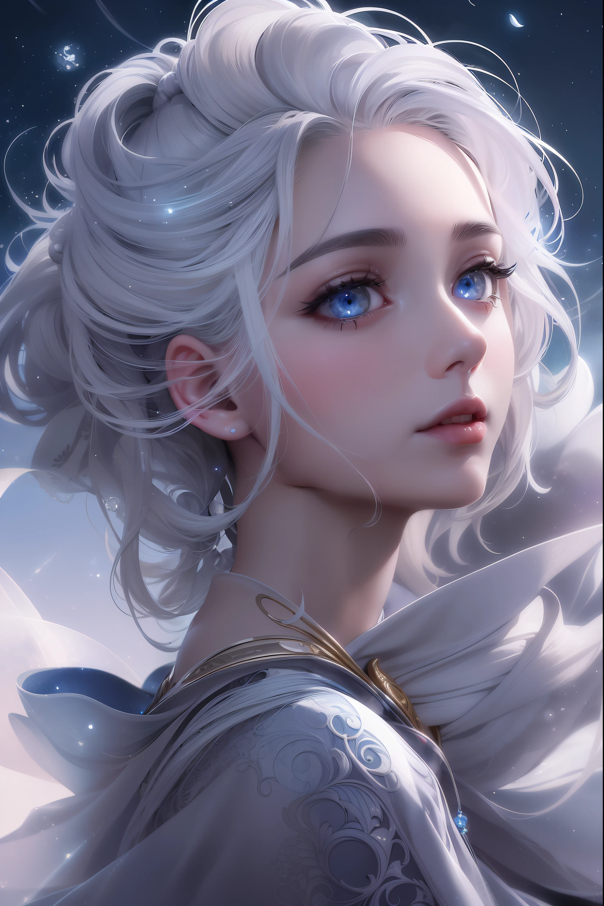 masterpiece, (best quality:1.2), (ultra-detailed:1.2), illustration, (an extremely delicate and beautiful:1.2),cinematic angle,floating, (beautiful detailed eyes:1.1), (detailed light:1.1),cinematic lighting, beautifully detailed sky, women, white hair, blue eyes, (high ponytail:1.1), cloak, glowing eyes, (moon:1.2), (moonlight:1.1), starry sky, (lighting particle:1.1), fog, snow painting, sketch, bloom