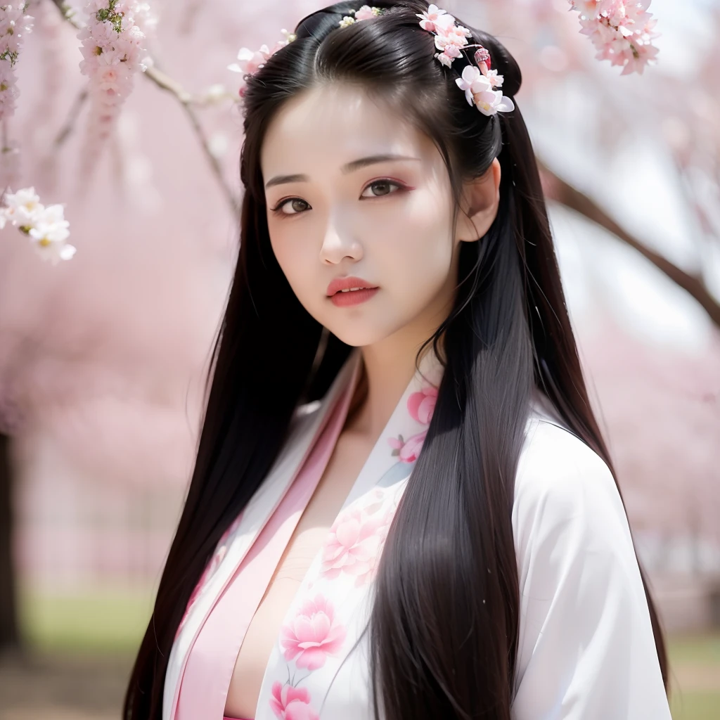 Best quality, 超高分辨率, (Photorealistic:1.8), 1girll, Blue_sky, Blurry, Blurry_Background, Blurry_foreground, branch, the bride_light yarn, Bride, cherry_blossoms, Chinese_clothes, curtain_Grab, Curtains, day, Depth_af_Field, flower, hanami, Hanfu, Lips, Long_Hair, Outdoors, parted_Lips, petals, Pink_flower, Pink_Theme, plum_blossoms, Shawl, Solo, Solo_Focus, Spring_\(season\), tree, The upper part of the body_Body, light yarn, Wedding, Wedding_dress, wisteria