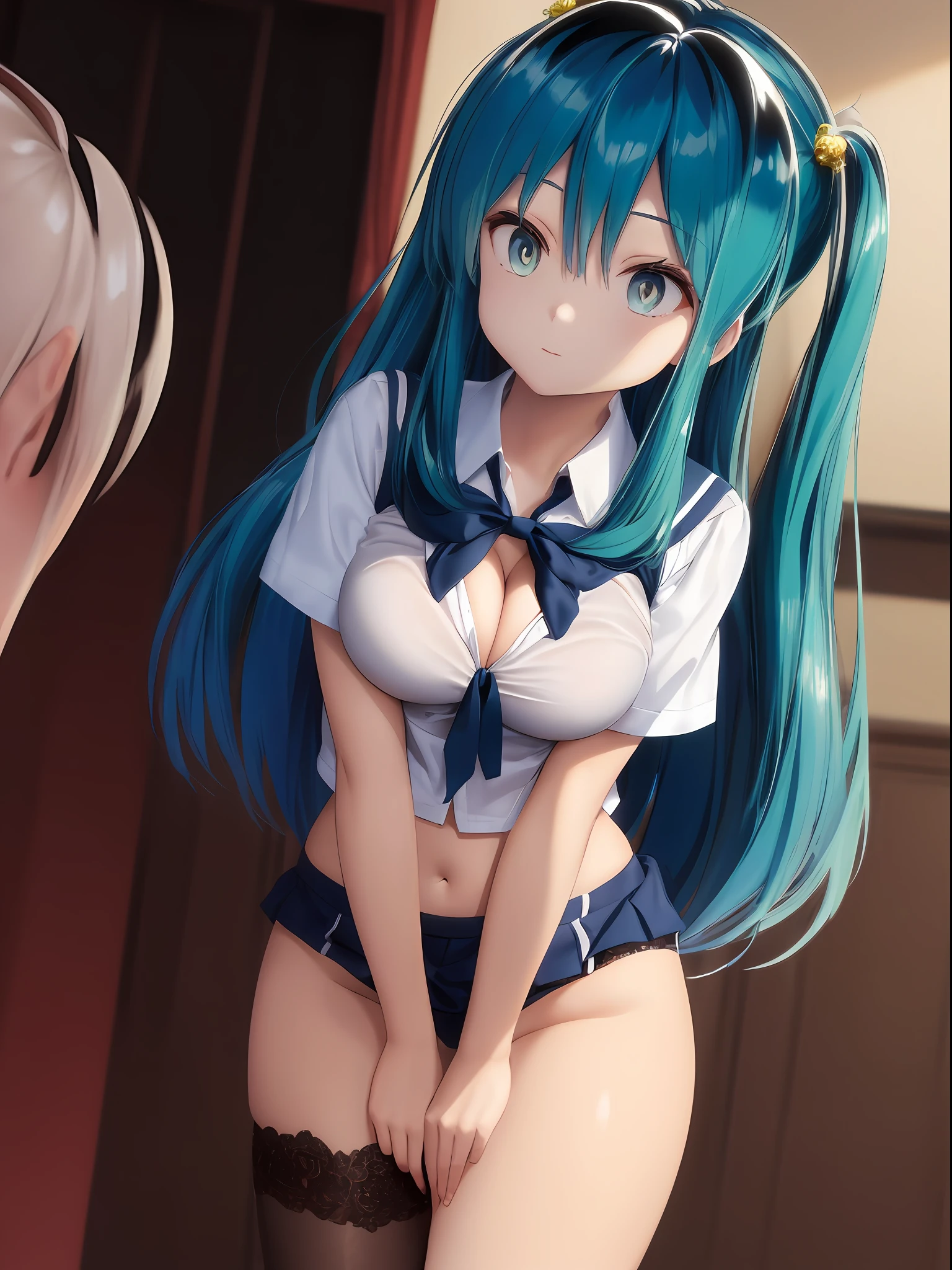 (One lady)、(​masterpiece)、(best qualtiy)、(ultra-detailliert)、(a high chroma)、((tre anatomically correct))、(CG Illustration)、highcontrast、Gravure Pose、urusei yatsura、Ram-chan、[Demon horn:-1.3]、(Fine and beautiful eyes)、Delicate beautiful face、Ram hairstyle、((dishevled hair))、((Schoolgirl Uniform))、White panties、(Black stockings)、(beutiful breast :1.3)、cleavage of the breast、teats 、((The best lighting))、simple background