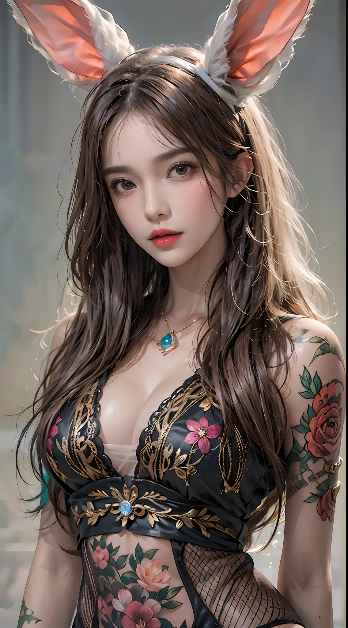 photorealistic, high resolution, 1women, solo, hips up, look at viewer, (detailed face), long hair, bunny suit, tattoo, jewelry