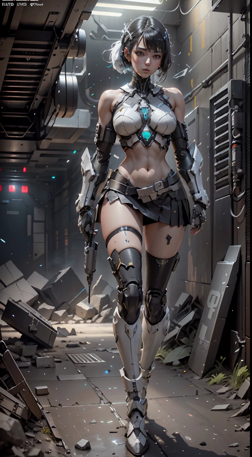 ((best qualtiy)), ((tmasterpiece)), (The is very detailed:1.3), sci-fi mech, Beautiful cyberpunk woman wearing mech,There are no mechs in the thighs,Wear mecha-style boots,Bare shoulders and upper arms,Mecha-style gloves,Bare abdomen and navel,pleatedskirt,lean legs,Carry a weapon,Wear black stockings,Broken stockings, hdr(HighDynamicRange), Ray traching, NVIDIA RTX, Hyper-Resolution, Unreal 5, sub surface scattering, PBR Texture, post-proces, Anisotropic filtering, depth of fields, Maximum clarity and sharpness, Many-Layer Textures, Albedo e mapas Speculares, Surface coloring,Accurately simulate light-material interactions,perfectly proportions,rendering by octane,twotonelighting,Low ISO,White balance,trichotomy,Wide aperture,8K raw data,High-Efficiency Sub-Pixel,sub-pixel convolution,Luminous Particle,Light scattering,Tyndall effect