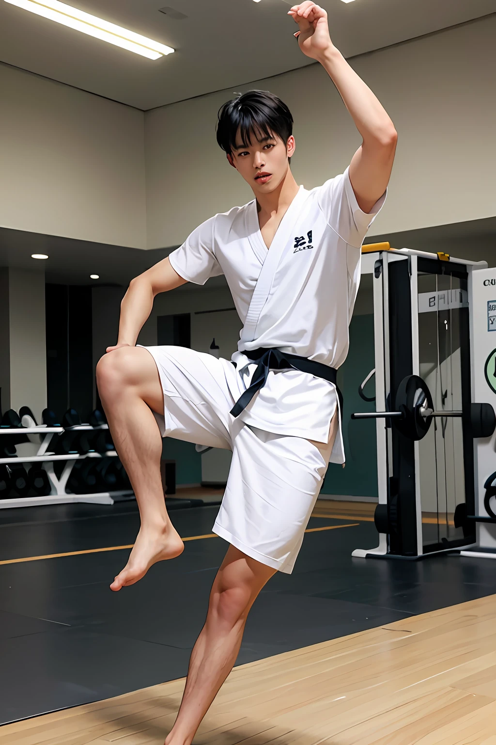 1 boy, handsome, wear a white Gi, left foot kick high, gym, black hair, look at his foot