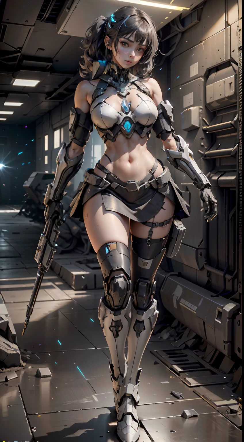 （（best qualtiy））， （（tmasterpiece））， （The is very detailed：1.3）， sci-fi mech， Beautiful cyberpunk woman wearing mech，There are no mechs in the thighs，Wear mecha-style boots，Bare shoulders and upper arms，Mecha-style gloves，Bare abdomen and navel，pleatedskirt，lean legs，Carry a weapon，Wear black stockings，Broken stockings， hdr（HighDynamicRange）， Ray traching， NVIDIA RTX， Hyper-Resolution， Unreal 5， sub surface scattering， PBR Texture， post-proces， Anisotropic filtering， depth of fields， Maximum clarity and sharpness， Many-Layer Textures， Albedo e mapas Speculares， Surface coloring，Accurately simulate light-material interactions，perfectly proportions，rendering by octane，twotonelighting，Low ISO，White balance，trichotomy，Wide aperture，8K raw data，High-Efficiency Sub-Pixel，sub-pixel convolution，Luminous Particle，Light scattering，Tyndall effect