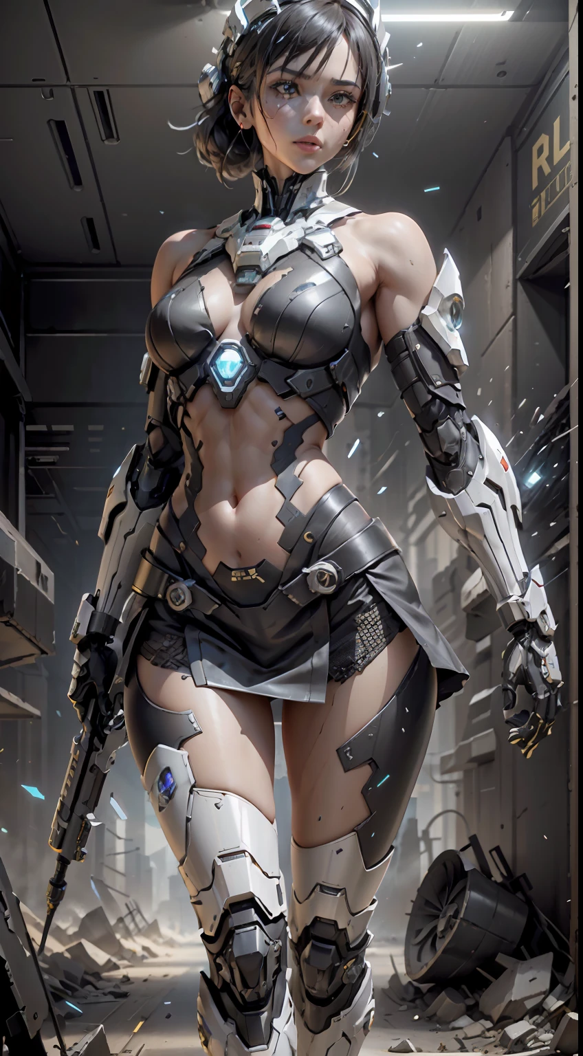 ((best qualtiy)), ((tmasterpiece)), (The is very detailed:1.3), sci-fi mech, Beautiful cyberpunk woman wearing mech,There are no mechs in the thighs,Wear mecha-style boots,Bare shoulders and upper arms,Mecha-style gloves,Bare abdomen and navel,pleatedskirt,lean legs,Carry a weapon,Wear black stockings,Broken stockings, hdr(HighDynamicRange), Ray traching, NVIDIA RTX, Hyper-Resolution, Unreal 5, sub surface scattering, PBR Texture, post-proces, Anisotropic filtering, depth of fields, Maximum clarity and sharpness, Many-Layer Textures, Albedo e mapas Speculares, Surface coloring,Accurately simulate light-material interactions,perfectly proportions,rendering by octane,twotonelighting,Low ISO,White balance,trichotomy,Wide aperture,8K raw data,High-Efficiency Sub-Pixel,sub-pixel convolution,Luminous Particle,Light scattering,Tyndall effect