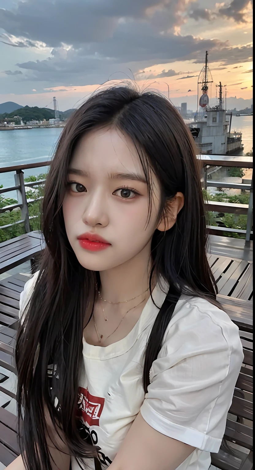 There is a woman sitting on a bench with the city in the background, jaeyeon nam, Jinyoung Shin, with round face, portrait of jossi of blackpink, 8K selfie photo, wan adorable korean face, ulzzangs, Young adorable Korean face, Choi Hong Hwa, jisoo from blackpink, Full round face, 19-year-old girl