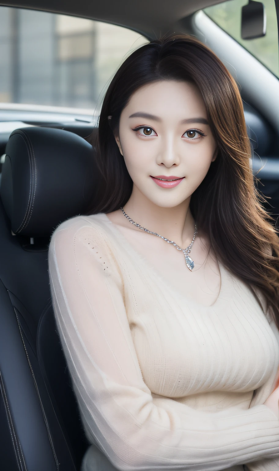 ((Best Quality, 8k, Masterpiece:1.3)), Focus:1.2, Perfect Body Beauty:1.4, :1.2, ((Delicate Hair)), (Sweater Dress:1.1) , (Sports car, street: 1.2), Highly detailed face and skin texture, Detailed eyes, Double eyelids, whitening skin, , smile, wearing necklaces, rings, people sitting in cars with their up,