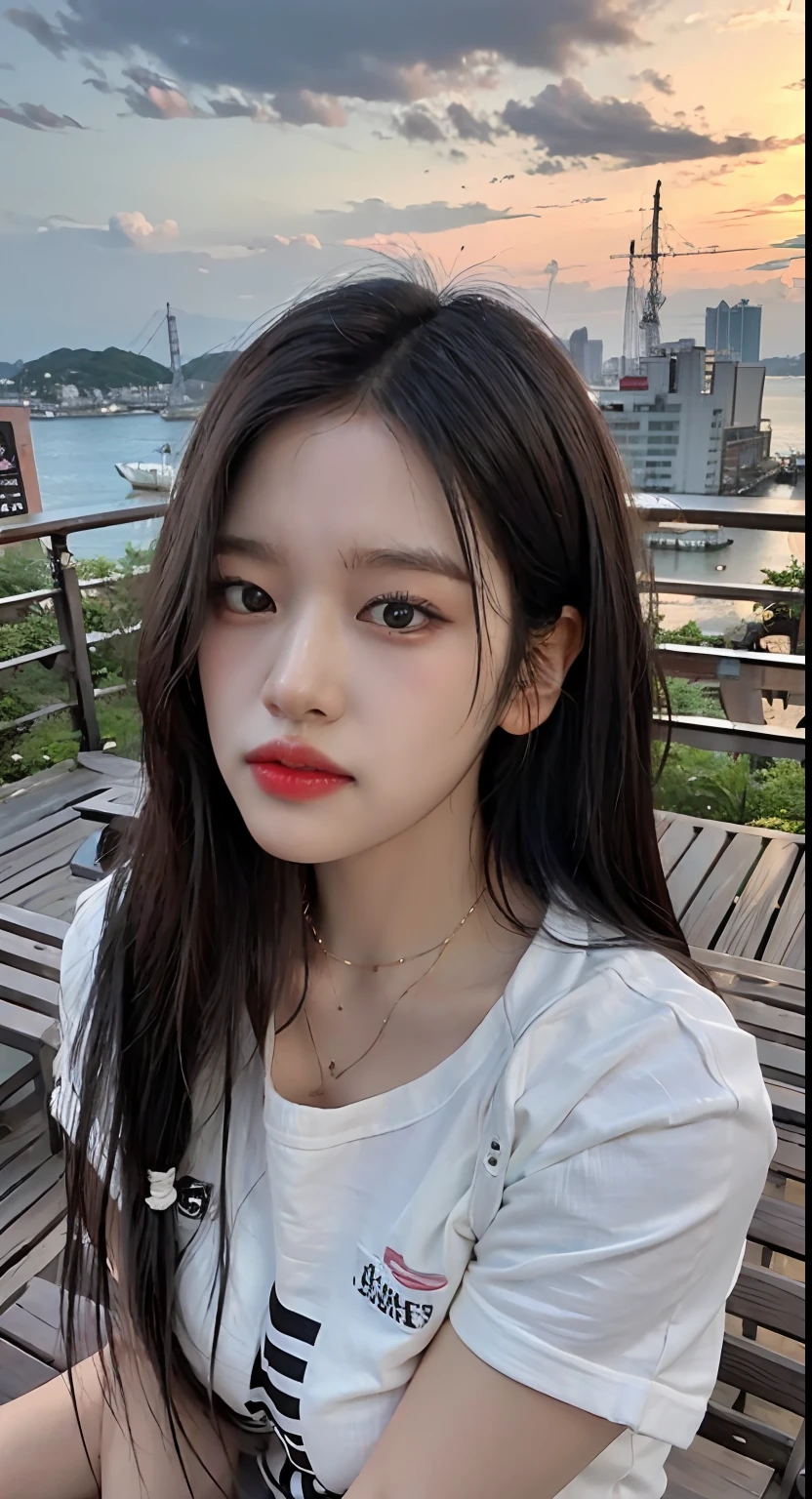 There is a woman sitting on a bench with the city in the background, jaeyeon nam, Jinyoung Shin, with round face, portrait of jossi of blackpink, 8K selfie photo, wan adorable korean face, ulzzangs, Young adorable Korean face, Choi Hong Hwa, jisoo from blackpink, Full round face, 19-year-old girl