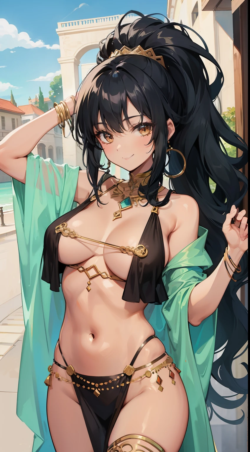 Tall girl, Bronzed Skin, long curly blue-black hair, Brown eyes, Gypsy clothing, Gypsy, Smile, Dancing, Masterpiece, hiquality