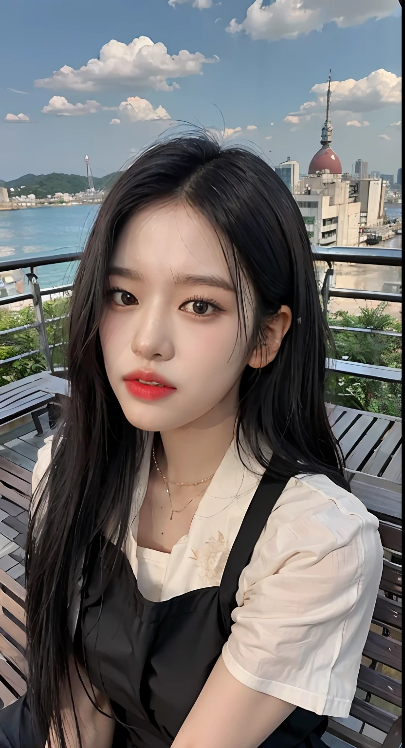 There is a woman sitting on a bench with the city in the background, jaeyeon nam, Jinyoung Shin, with round face, portrait of jossi of blackpink, 8K selfie photo, wan adorable korean face, ulzzangs, Young adorable Korean face, Choi Hong Hwa, jisoo from blackpink, Full round face, 19-year-old girl