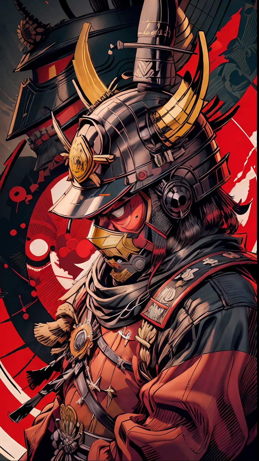 Soldado samurai, helmet and mask, Omib, ilustrador, Front view, rosto, focado, retrato, obra-prima, alta qualidade, 8k, alta resolução, alto detalhado, japanese, samurai