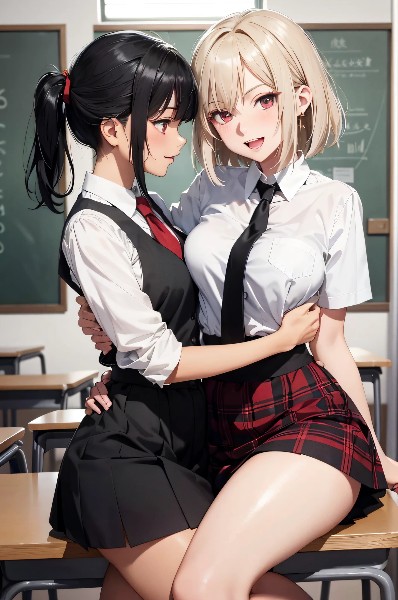 (top-quality、in 8K、32K、​masterpiece、nffsw、超A high resolution、Impresionismo、Photorealsitic:1.2)、Colossal tits、cowboy  shot, detailed faces and eyes、 Inside the classroom、Schools、Evening glow、beauitful face、blurry backround、16-year-old beautiful girl、shinny skin、short-hair、Beautiful black hair、Red Eyes、(Katyusha:1.2)、white  shirt、neck tie、Plaid miniskirt、Curve、dynamicposes、Smile with open mouth、Two girls、Same uniform、the kiss、thighs thighs thighs thighs