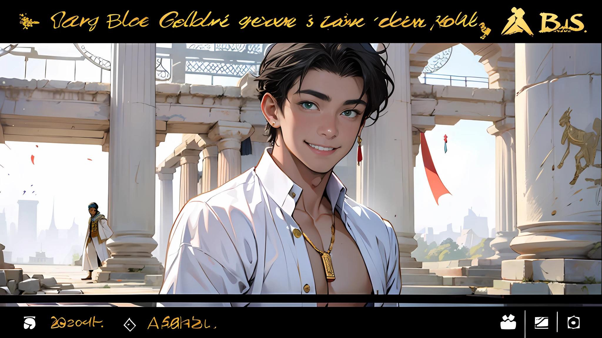 15-year-old boy walks smiling through the palaces of ancient Egypt black hair brown skin green eyes elegant black clothes with gold with bare chest wears red gold jewelry