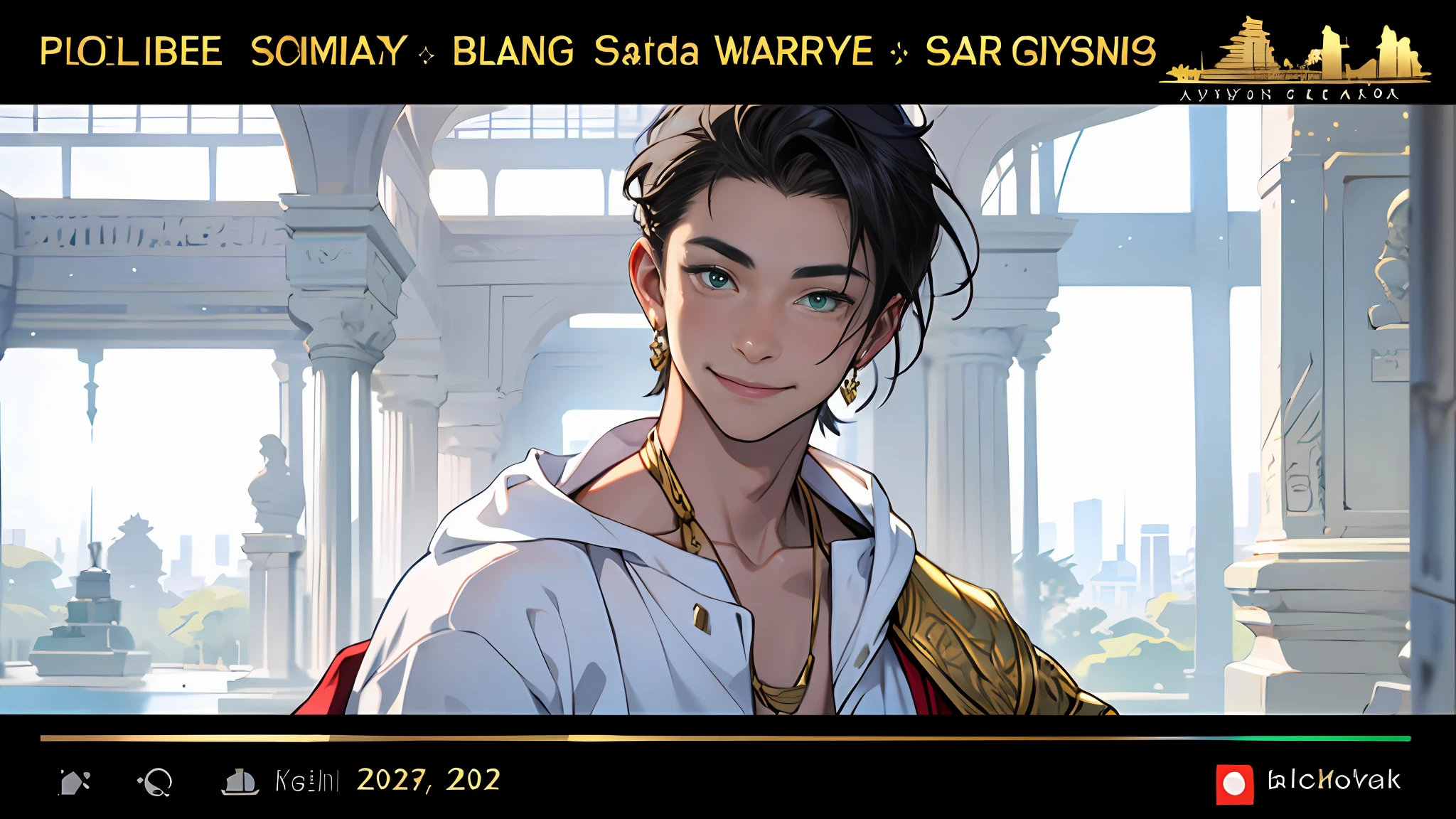 15-year-old boy walks smiling through the palaces of ancient Egypt black hair brown skin green eyes elegant black clothes with gold with bare chest wears red gold jewelry