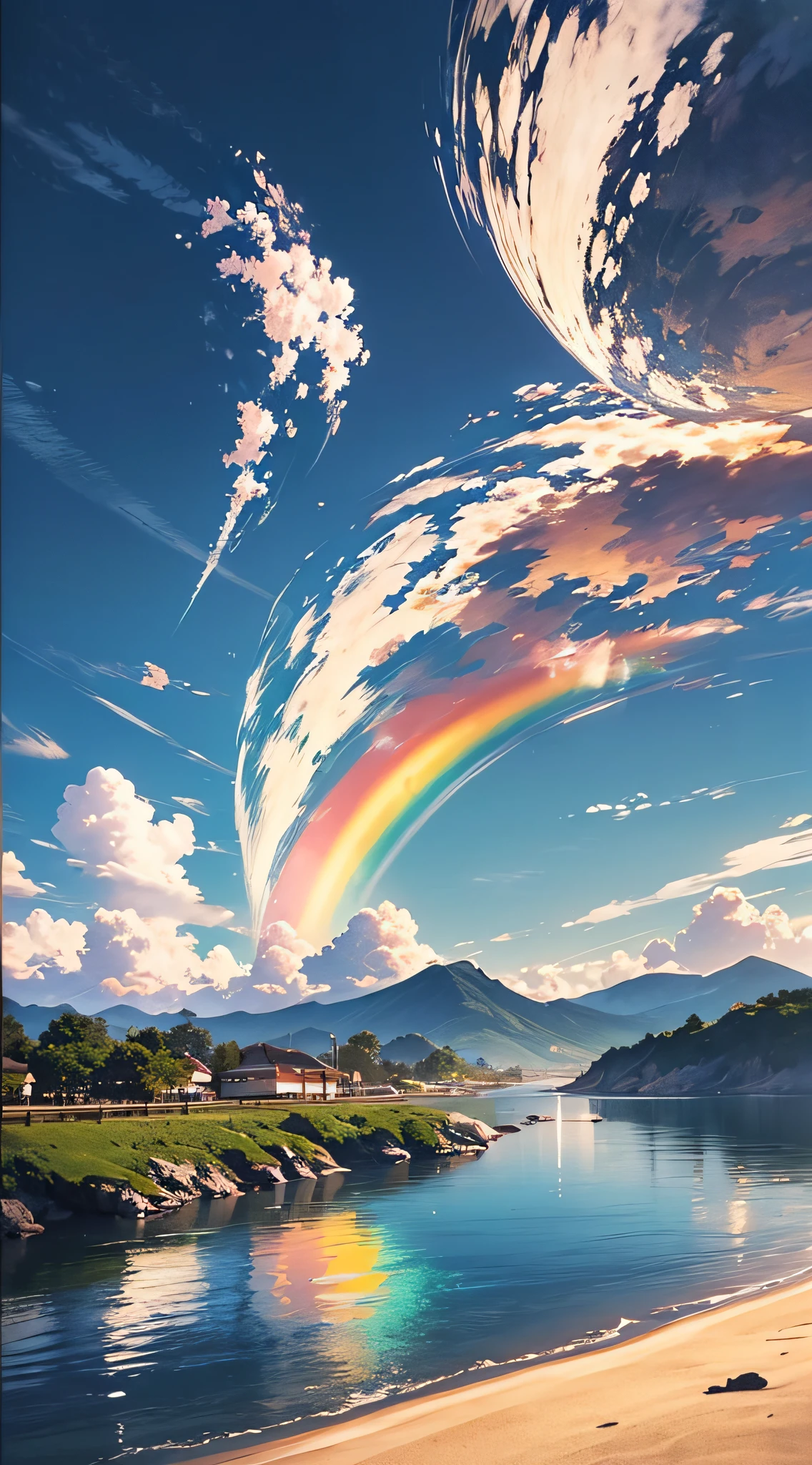 A vast landscape photo,Photograph stunning views of the beach,Blue skies and open countryside of the coastline below。Golden sand,bright sun(1:2)Splendor in the sky,Golden glows are scattered throughout the scene。in distance,Mountains in the distance can be seen along the coast,Added a sense of tranquility。Rest Arts and crafts The beach is surrounded by tropical trees,Offers soft shadows and a picturesque natural frame。warm sunlight(1.2)Bathe in the scene,Create a vibrant color palette,Purple and orange tones blend harmoniously。Intricate detail and volumetric lighting BREAK(tmasterpiece:1.2)Highlight the amazing beauty of this place。The image quality is 4K,Ultra-delicate,Capture every element perfectly。dynamic compositions(1.4)Gives motion and fluidity to images,There are also bright colors and rainbows(1.2)It adds a magical touch。The brightness of the sun reflected in the water and atmospheric illumination create a dreamy and peaceful atmosphere
