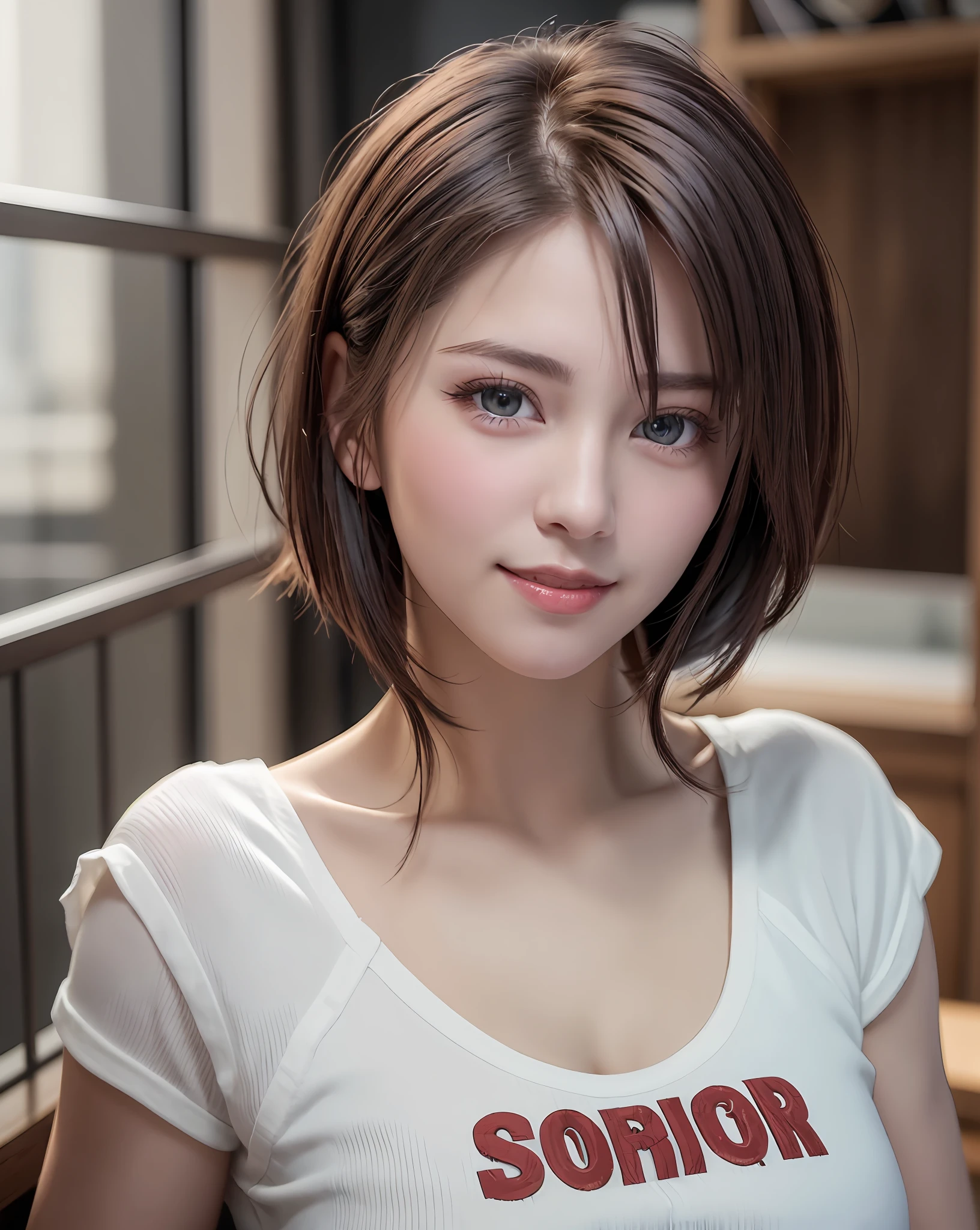 Best Quality, Ultra High Resolution, (Photorealistic: 1.4), Beautiful Eyes, Super Beautiful, Very Short Hair, Beautiful, Sweetheart, T-shirt with Rough Chest, Beautiful Soldier, Eyes That Invite Viewer, Lover's Perspective, Inviting Expression, Sexy Smile, Perfect Style, Perfect Balance, Detailed Skin, Naughty Gaze, Chest Visible