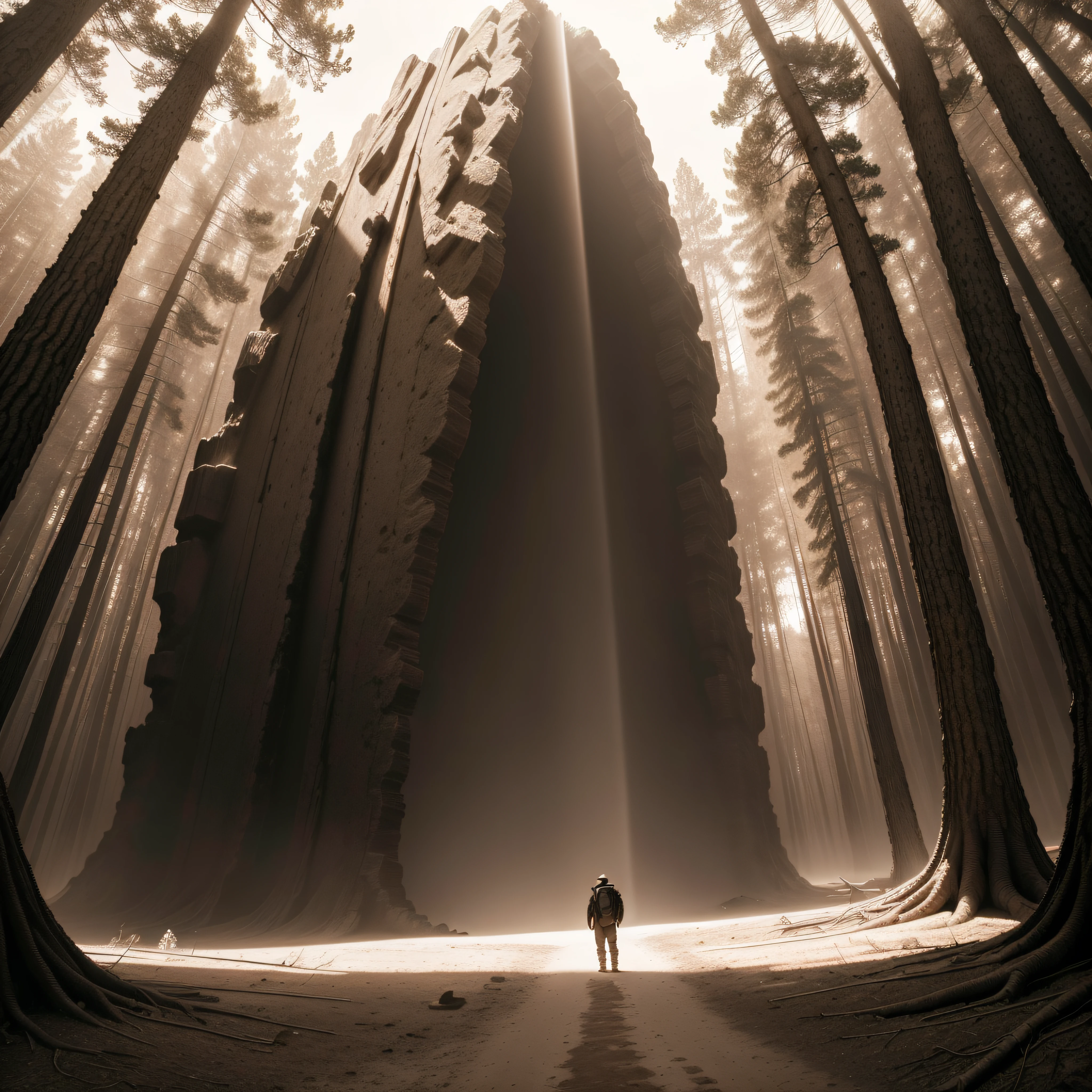 (extremadamente detallado, obra maestra, La mejor calidad, Tono sepia), un gigante con un hacha camina por un bosque. meteorito en el suelo, agujero profundo, Giant crater. burned trees. Oggre hidden among the trees. Daytime Lighting.