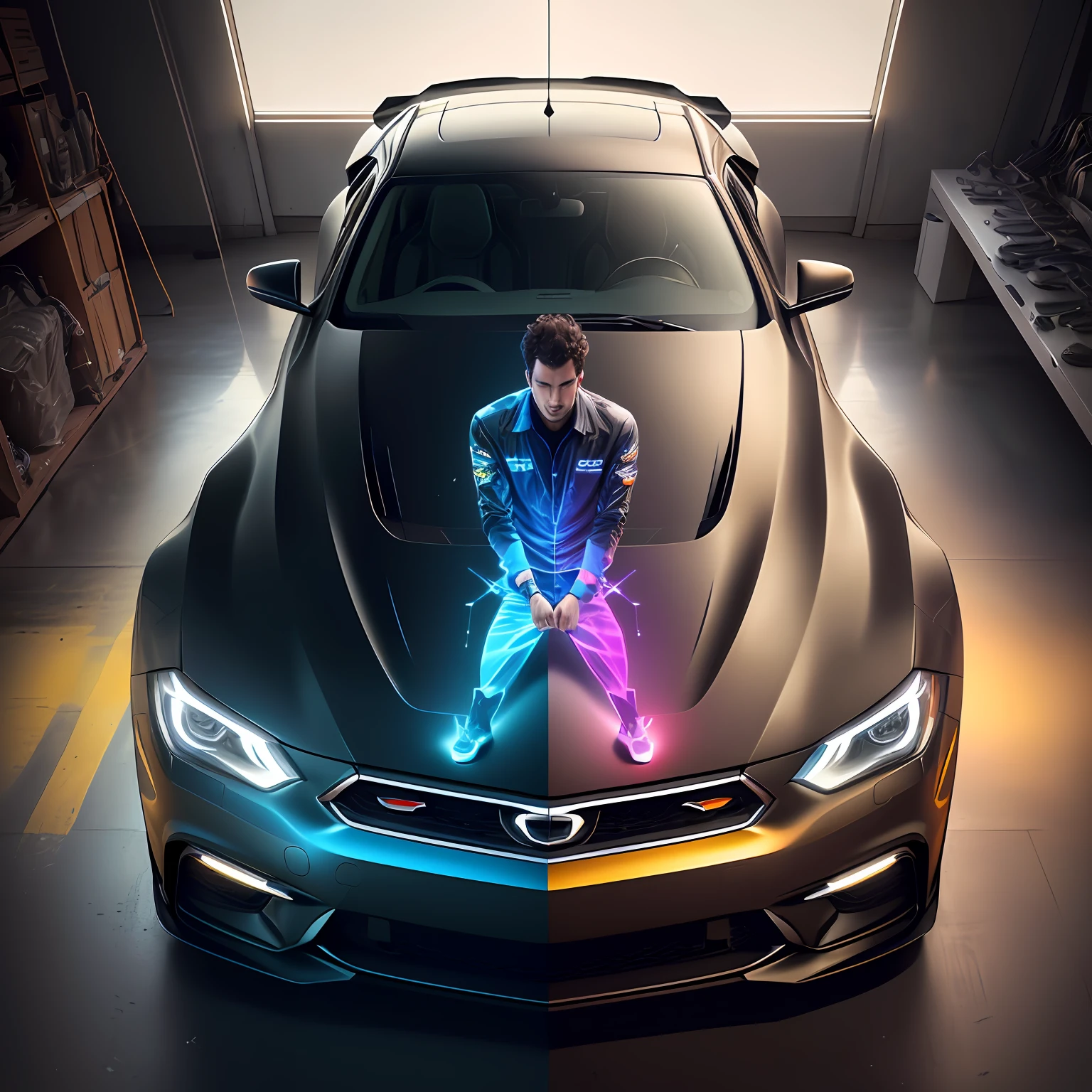 arafed image of a man working on a car model, a hologram by Jakob Gauermann, instagram, digital art, car with holographic paint, futuristic product car shot, holographic projection, cinematic hologram, hyperrealistic, automotive, advanced technique, corporate holograms, innovative, hyperrealistic vfx simulation, automotive design art, holograph