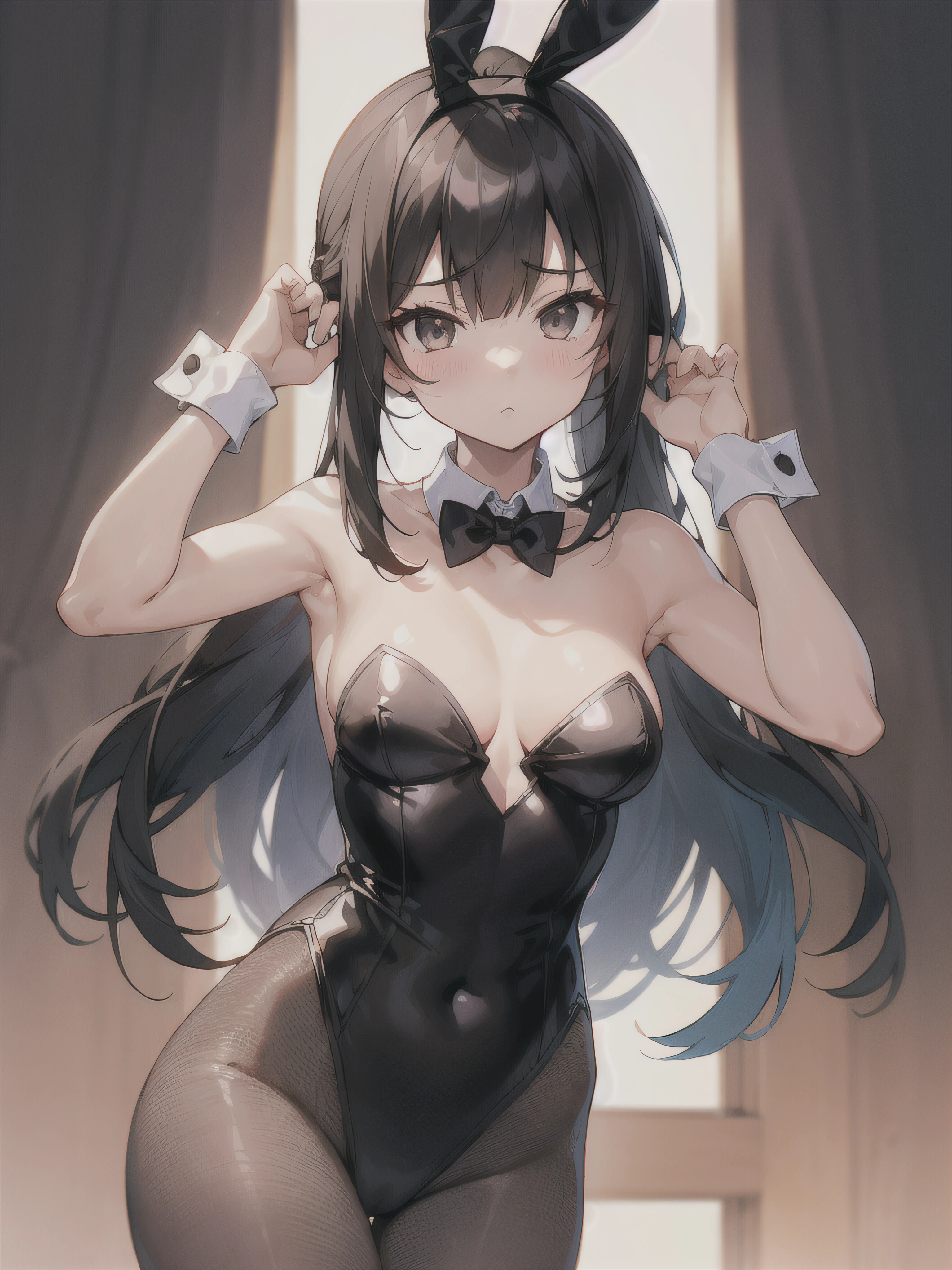 (Low ponytail)、Ibife, 1girl in, 独奏, breastsout, looking at the viewers, red blush, tiny chest, White cuffs,animal ear, cleavage of the breast, bare shoulders​, Very long hair, glares, (Black pantyhose), horse ear, Black Leotard,Black fishnet stockings、 Black Playboy Bunny, Dark hair、Black eyes、Angle from below、(A slender)、Toned body、(Cover your chest with your palms)、（hide your chest with both hands）、(Normal breasts)、Anime style