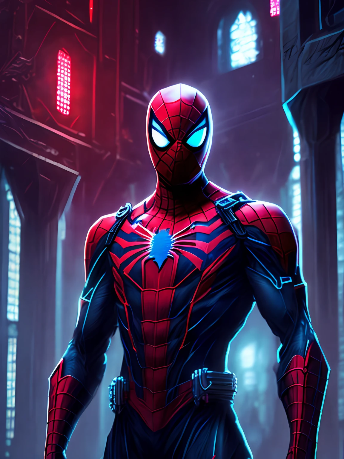 Marvel's grim portrait of Bloody Spider-Man with intricate angular cybernetic implants inside a brutalist building, gothic brutalist cathedral, cyberpunk, foto galardonada, bokeh, neon lights, cybernetic extremity,sombreado con tinta,