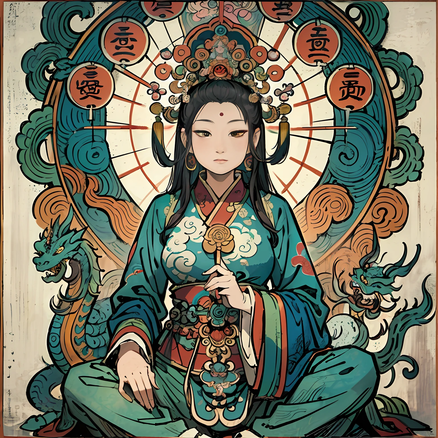 an ancient Chinese goddess, guanyin of the southern seas, Guanyin, Inspired by India, Avalokiteshvara rides a dragon,Serene expression,shui mo hua,Buddha,Buddhist,Lotus,Chinese painting style,Thangka style